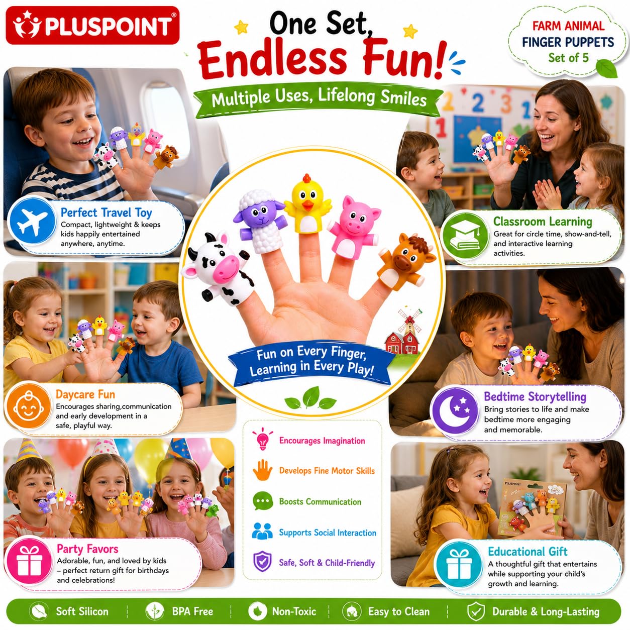 PLUSPOINT Farm Animal Finger Puppets Set of 5 for Kids β Soft Rubber Finger Puppet Toys for Storytelling, Pretend Play, Educational Learning, Party Favors, Goodie Bag Fillers & Birthday Gifts 1
