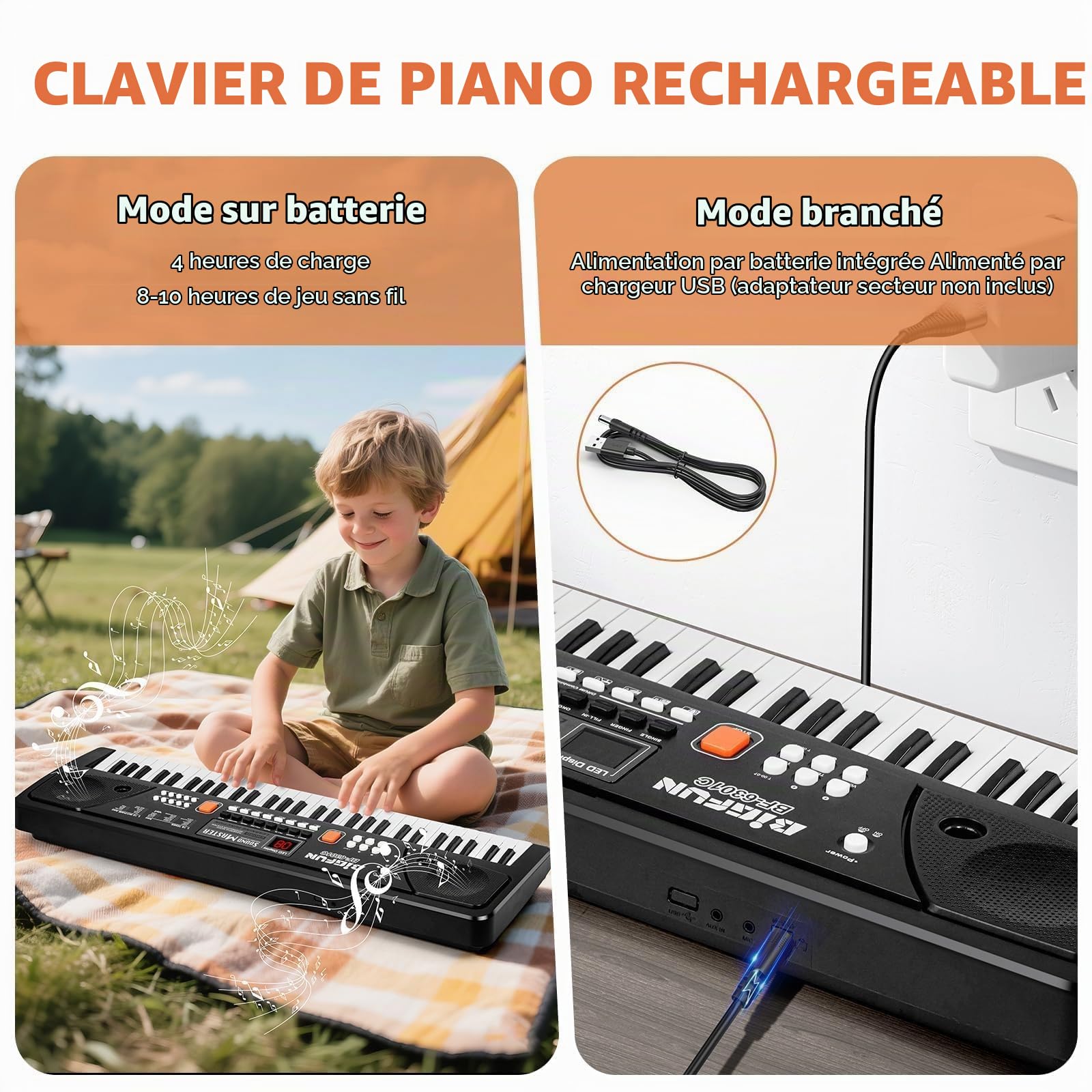 Portable Pianos Claviers 61 Touches Enfants Jouets avec Micro Pupitre, Noir