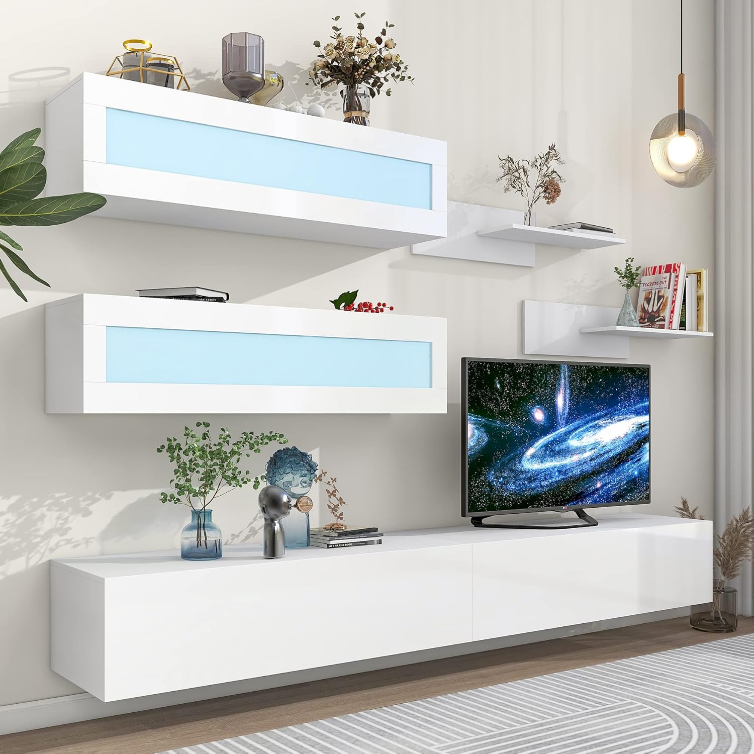 Merax Wall Mount Floating TV Stand with Four Media Storage Cabinets and Two Shelves, Modern High Gloss Entertainment Center for 95+ Inch Television, 16-Color RGB LED Lights for Living Room, White