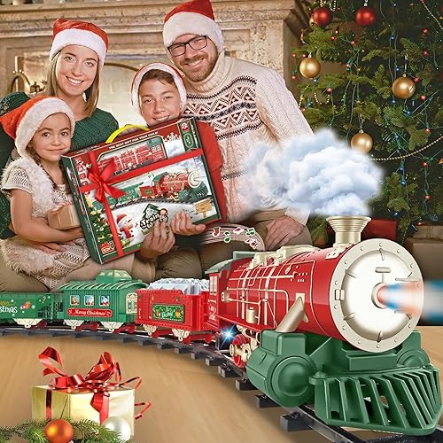 Miniatura 8 de Juego de tren de Navidad para alrededor del árbol con sonidos, luces y humo, juguetes de tren eléctrico para niños pequeños con 3 autos y 14 pistas,