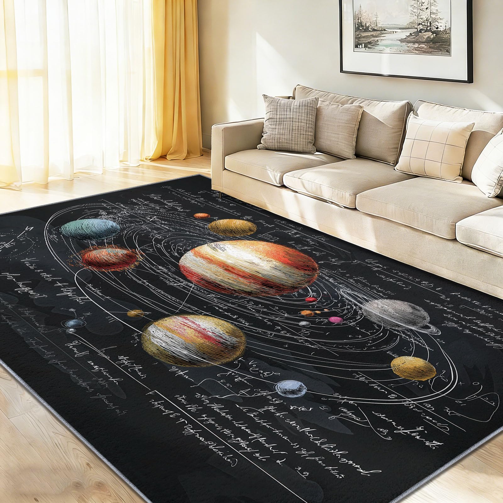 Dywan dziecięcy, kosmos i geometryczny wszechświat, antypoślizgowy, czarny dywan dla chłopców i dziewczynek, nadaje się do prania, 140 x 200 cm