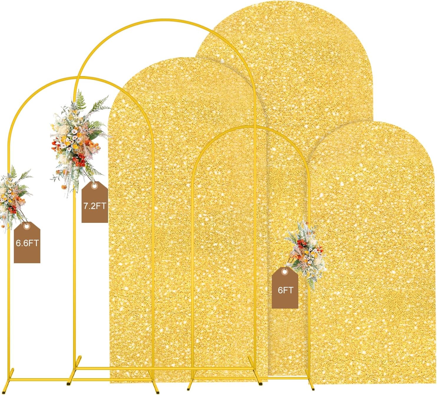 MODFUNS Metal Arch Backdorp Stand and Cover Set 6&6.6&7.2ft Gold Sequins Arch Backdrop Cover Set of 3 Golden Arched Backdrop Stand Wedding Arch Frame for Birthday Party Banquet Decoration 6&6.6&7.2FT-Set Gold