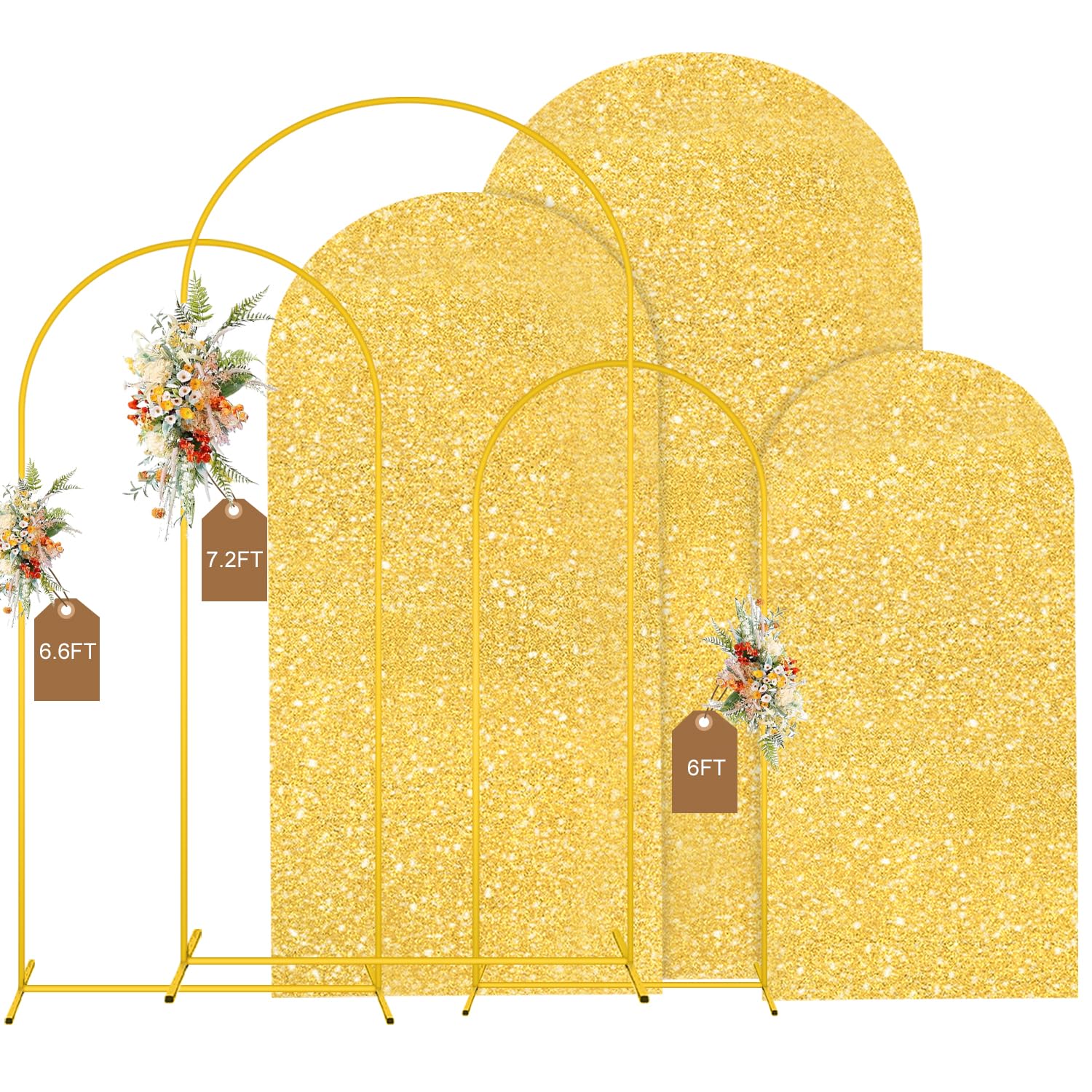 MODFUNS Arch Backdrop Stand and Cover Set 4&5&6ft Gold Sequin Arch Stand Cover Metal Arch Frame Vintage Backdrop Stands for Baby Shower Birthday Party Ceremony Decoration