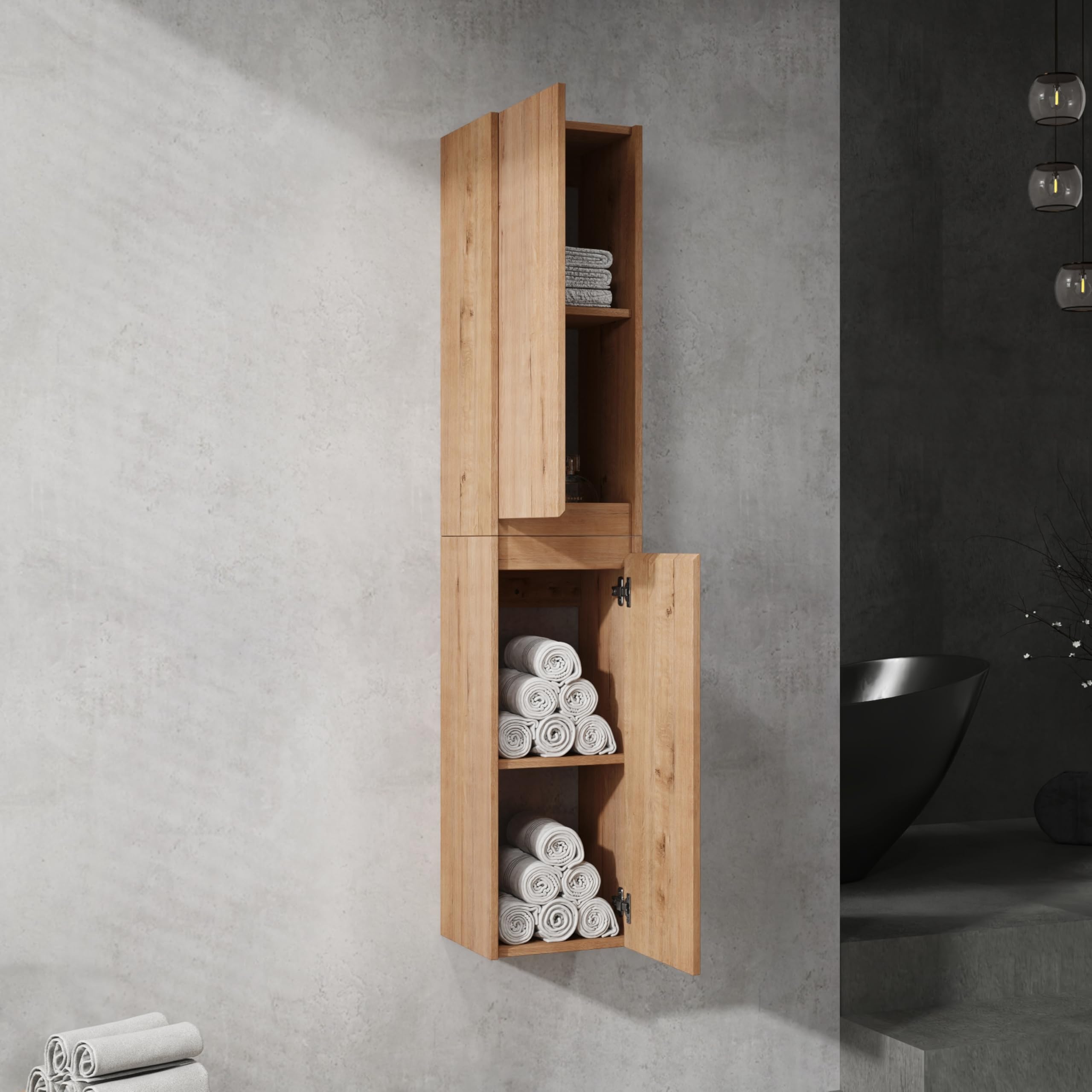 LJLB Maximize Bathroom Space with Wall-Mounted Side Cabinet, 2 Doors, Hinges, Imitative Oak Finish