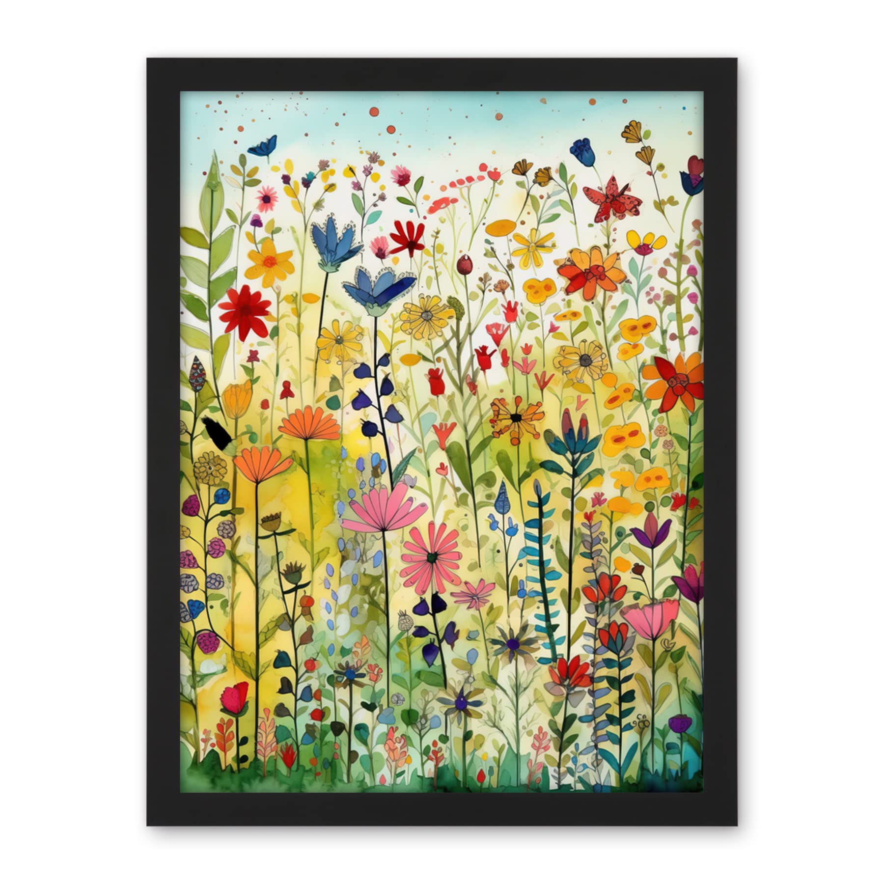 Artery8 Mixed Wildflower Bloom In Meadow Folk Art Artwork Framed Wall Art Print 18X24 Inch