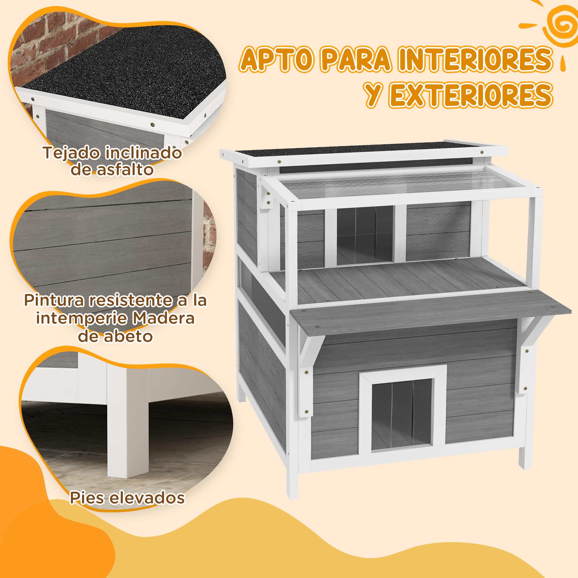 PawHut Casa para Gatos de 2 Niveles de Madera 64x87x76 cm con Techo Asfáltico, Ventana y Puerta con Cortina para Interior y Exterior Gris Claro