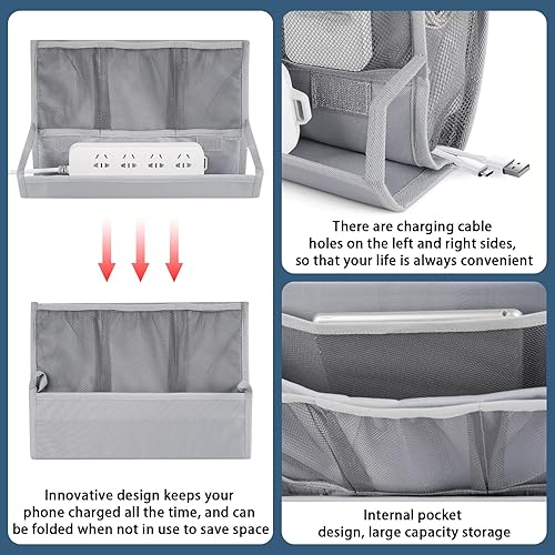 Miniatura 5 de Retyion Organizador de almacenamiento para mesita de noche, organizador de mesita de noche con soporte para tira de alimentación y 2 correas