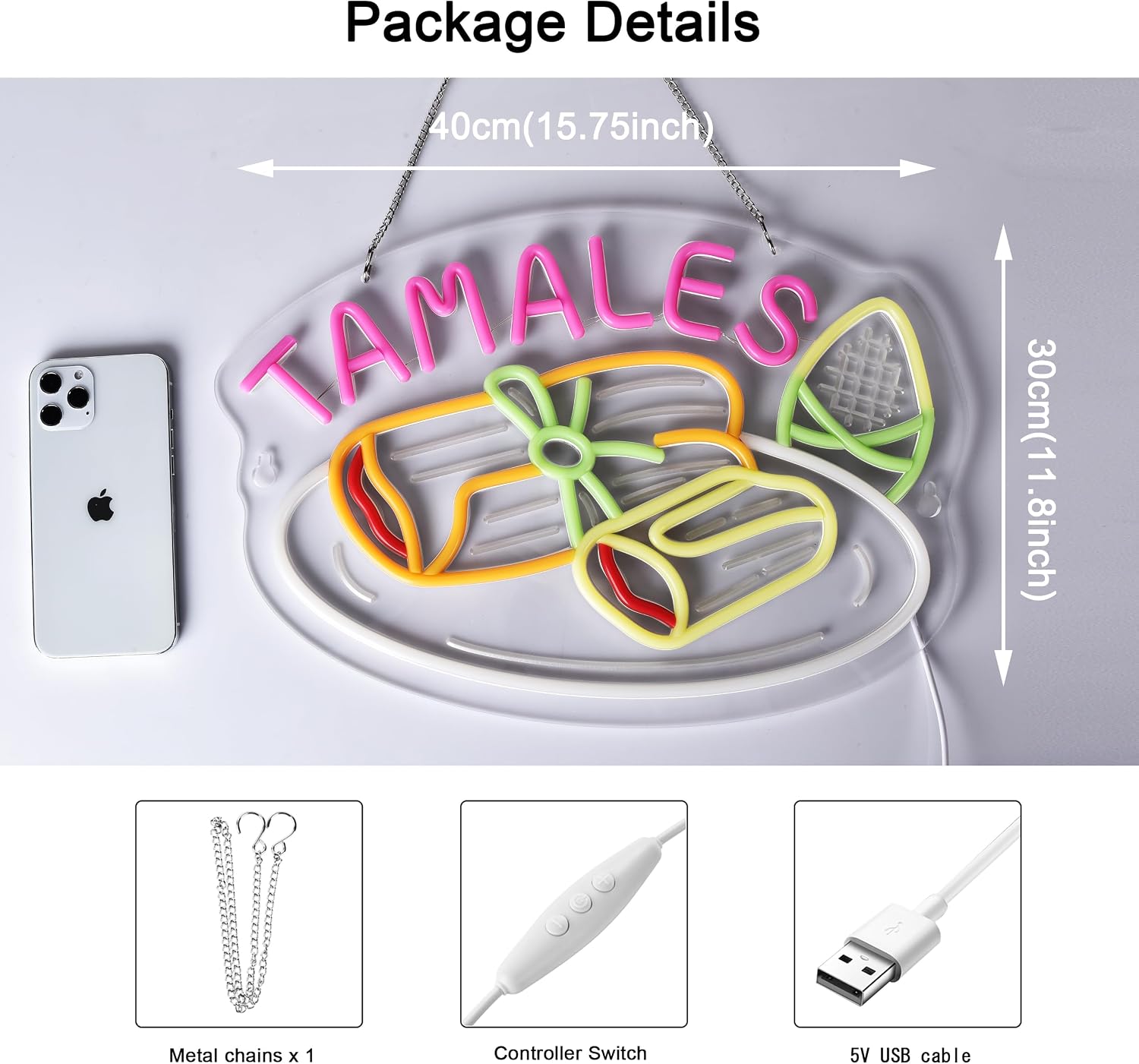 Tamales Neon Sign, Neon Lights Hanging Wall Art Decoration for Business Restaurant Store Shop Market Food Truck Home Decor, USB Powered Ultra Bright Dimmable,15.75×11.8inches