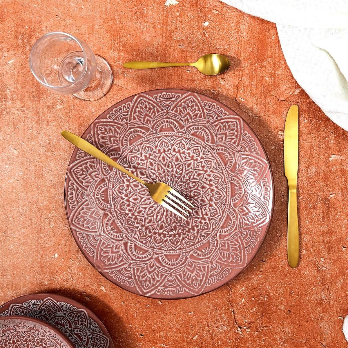 AltoBuy Set de 6 Assiettes Plates en céramique Terracotta Motif Mandala (Ø27 cm) - AKKA