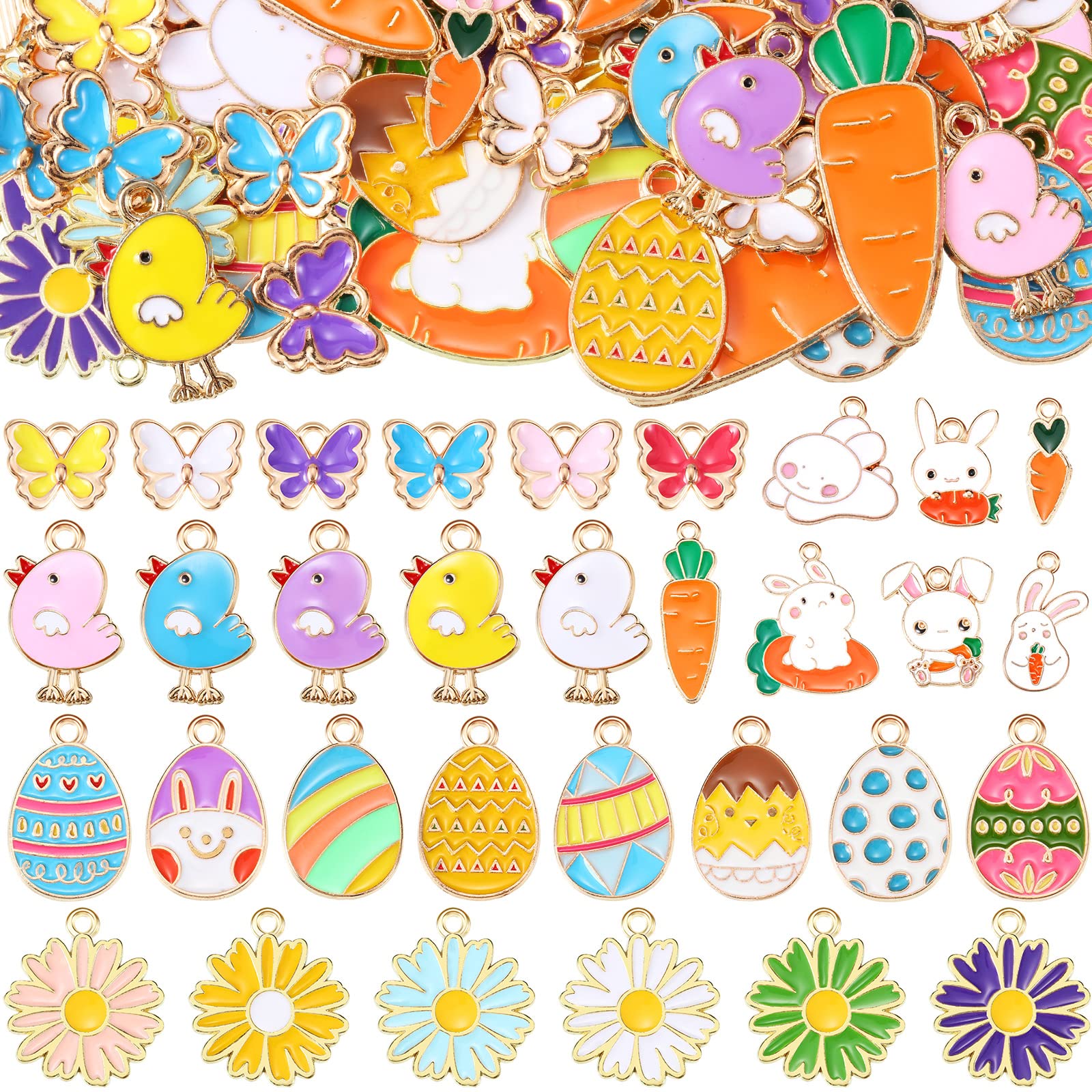 100 Pcs Easter Charms Chick Bunny Carrot Egg Pendant Cute Holiday Charms for Jewelry Making Animal Rabbit Butterfly Daisy Pendant for Necklace Bracelet Earrings DIY Crafts Supply