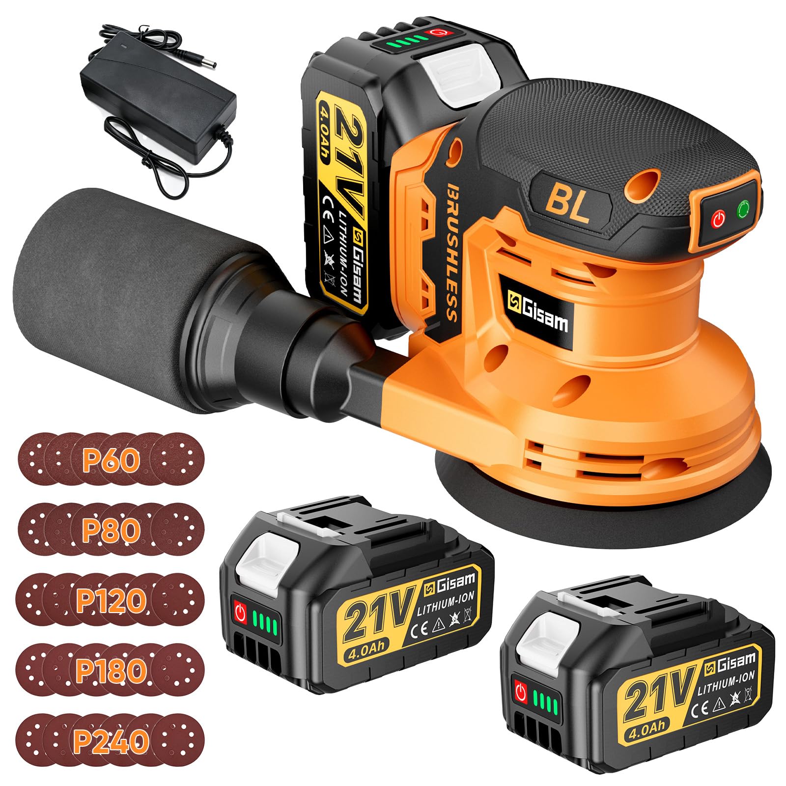 Ponceuse Excentrique 125mm Moteur Sans Balais 1200W Ponceuse Bois Métal | Ponceuse Vibrante 2 Vitesses 6000–20000 tr/min, 2x4,0Ah Batteries, 30 Disques Abrasifs 125mm, Avec Collecteur