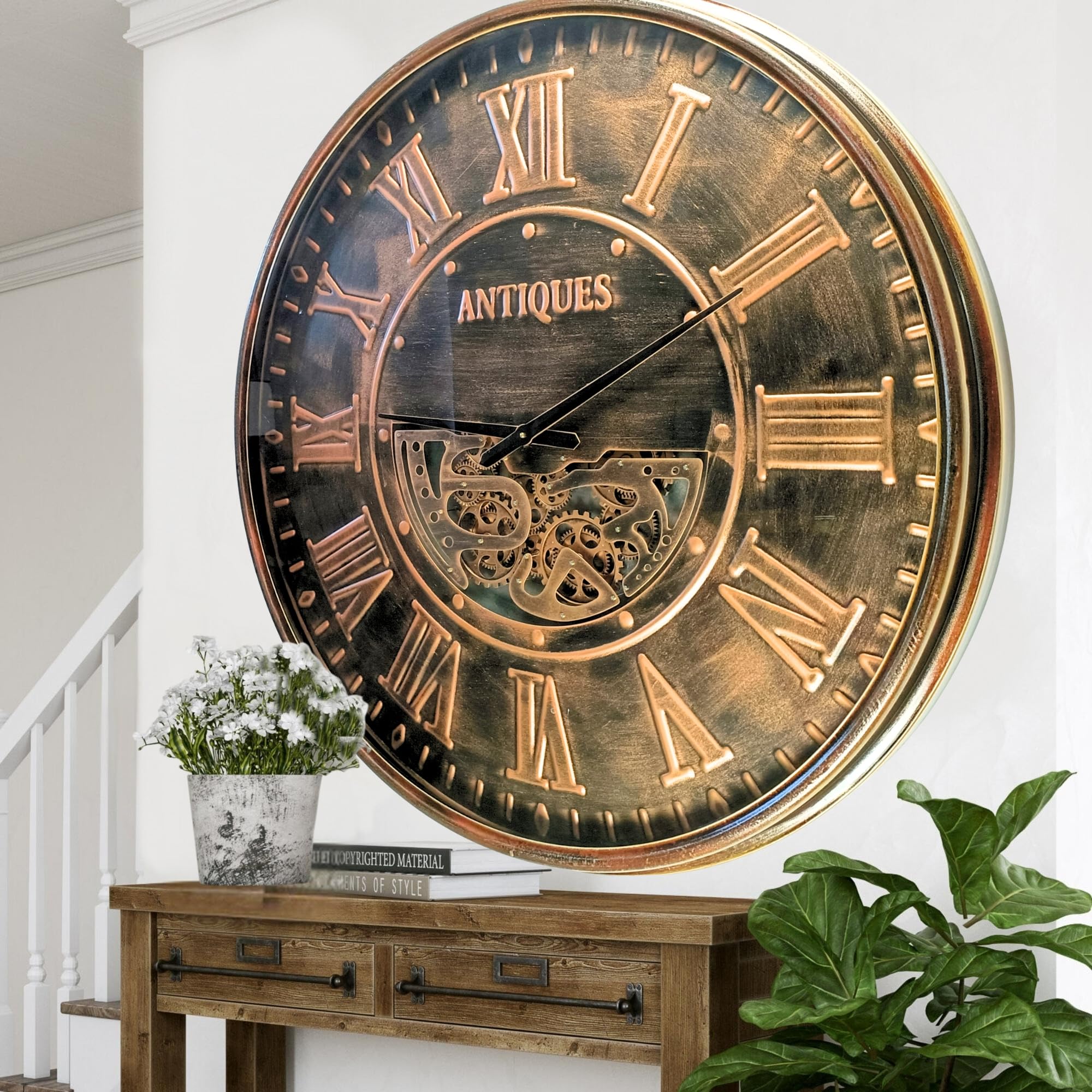 Horloge murale ronde à engrenages mobiles luxe marron 102cm