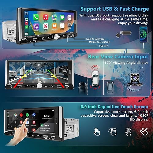 Miniatura 3 de Estéreo inalámbrico Apple Carplay de 6.9 pulgadas para automóvil, HD IPS 1280 × 480 con pantalla táctil de un solo DIN, Bluetooth 5.0, radio FM RDS,