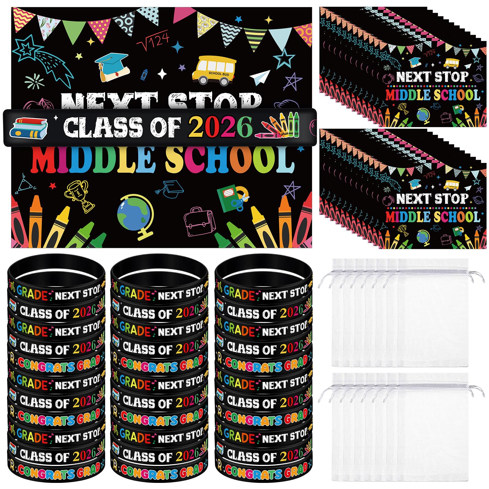 Cinnvoice 5th Grade Gifts for 2026 Graduation Include Grade Graduation Silicone Wristbands and Greeting Card with Organza Bags for 5th(24 Sets)
