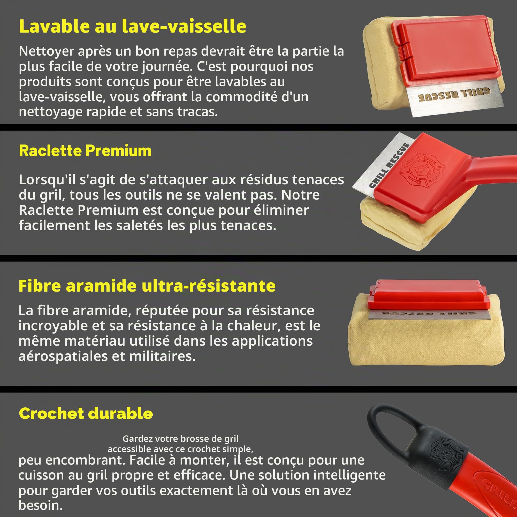 Brosse de barbecue sans poils – Brosse de barbecue sûre pour grilles à gaz, charbon, fonte et acier inoxydable – Brosse de nettoyage durable et résistante à la chaleur avec tête remplaçable et crochet