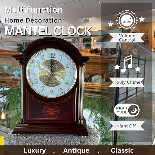 Miniatura 7 de Reloj de repisa antiguo estilo clásico de lujo dorado reloj Dial Alnus madera reloj marco horario carillón sin tictac modo nocturno