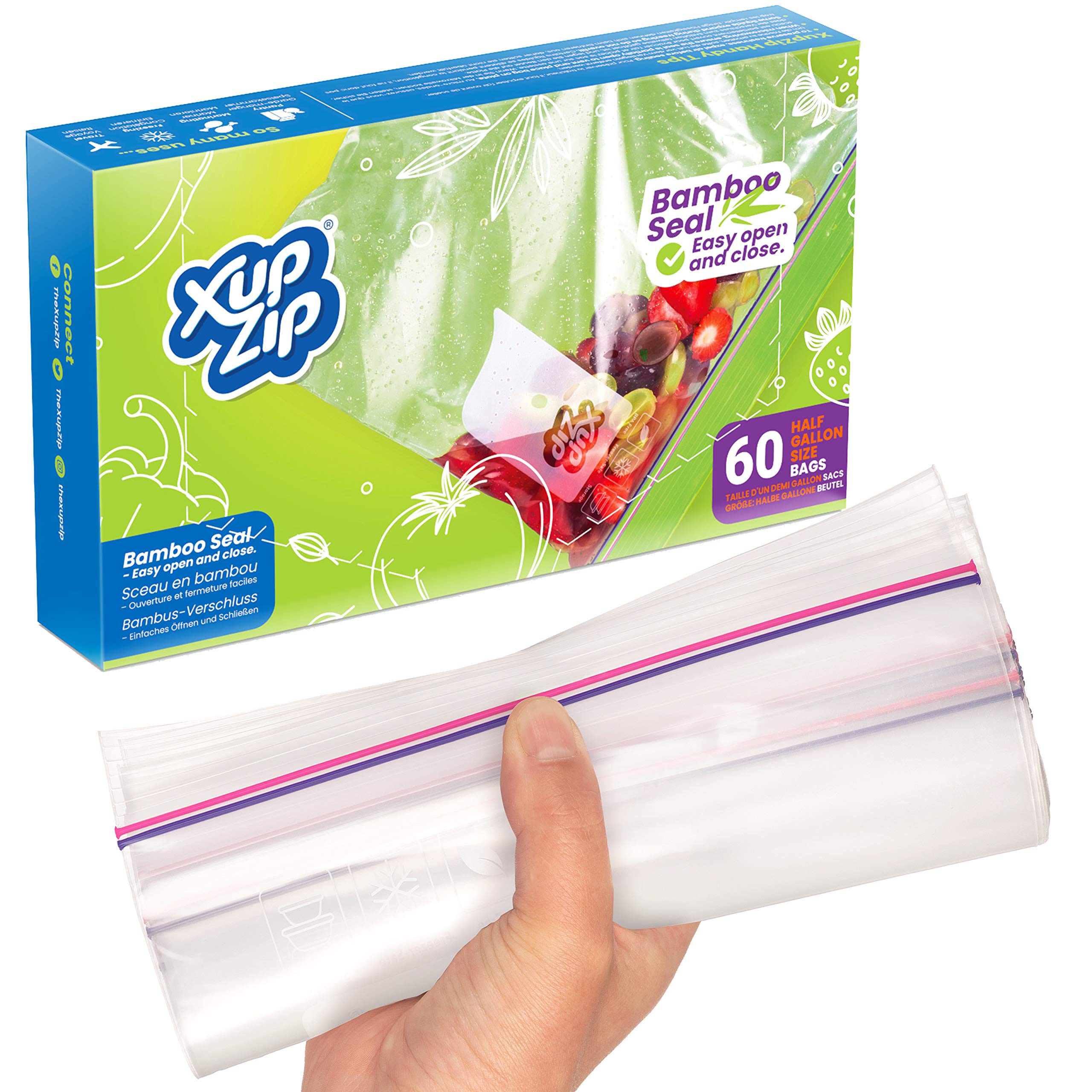 60 x Food Storage Freezer Bags by XupZip™ Half Gallon Size Reusable