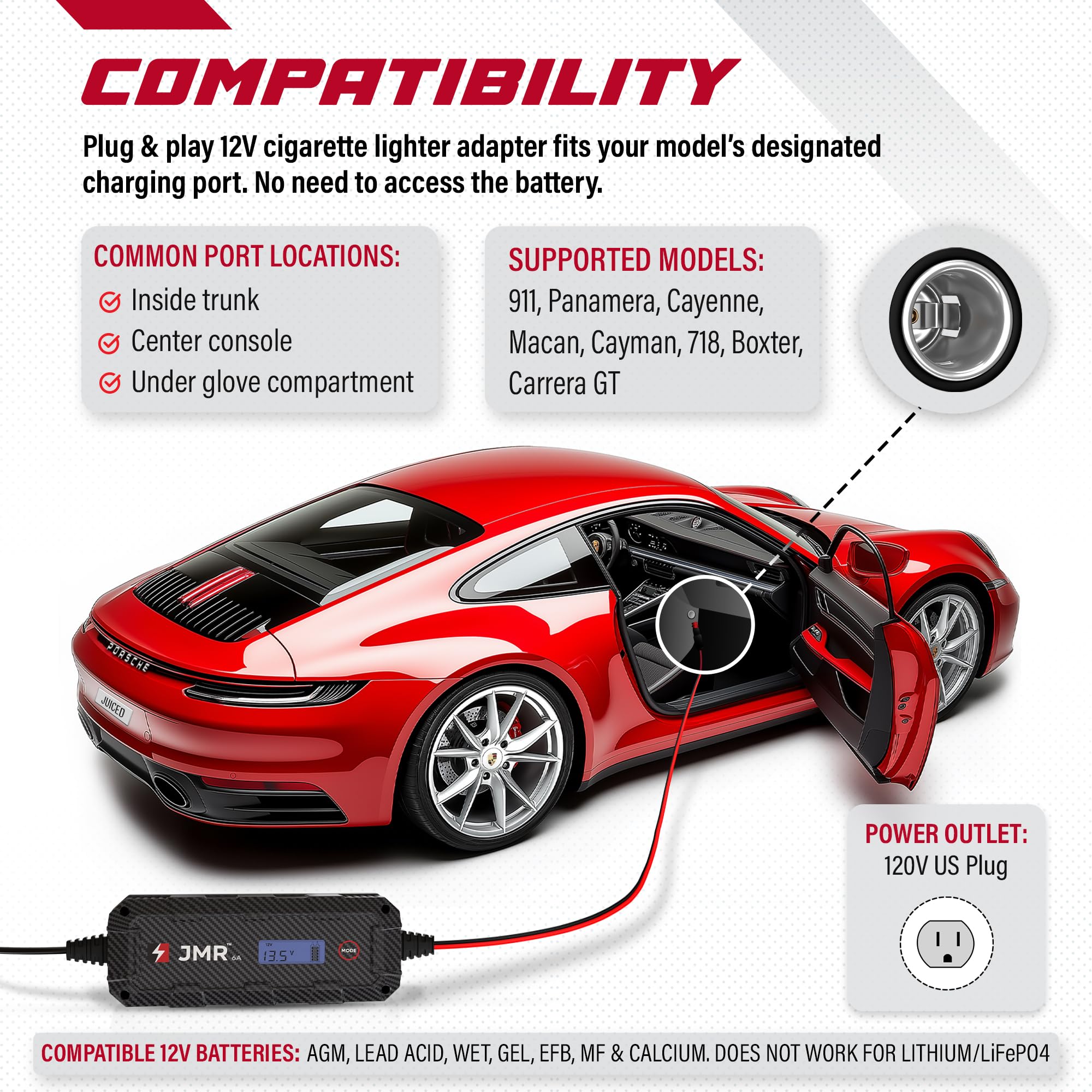 JMR Battery Charger for Porsche 911 Panamera Cayenne Macan Cayman 718 Boxter All Models Trickle Charger Conditioner Maintainer (No Lithium Mode)