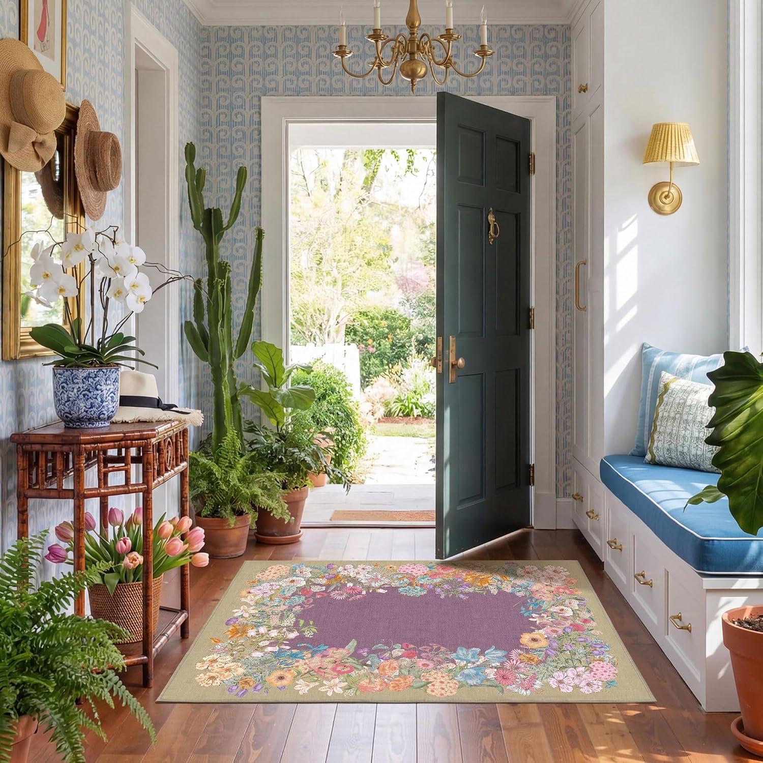 Boho Floral Area Rug 2x3, Washable Low Pile Non-Slip Farmhouse Romantic Vintage Decor, Foldable Stain Resistant Carpet for Bedroom Living Room Office Nursery Entryway Cottagecore Violet Green Rug