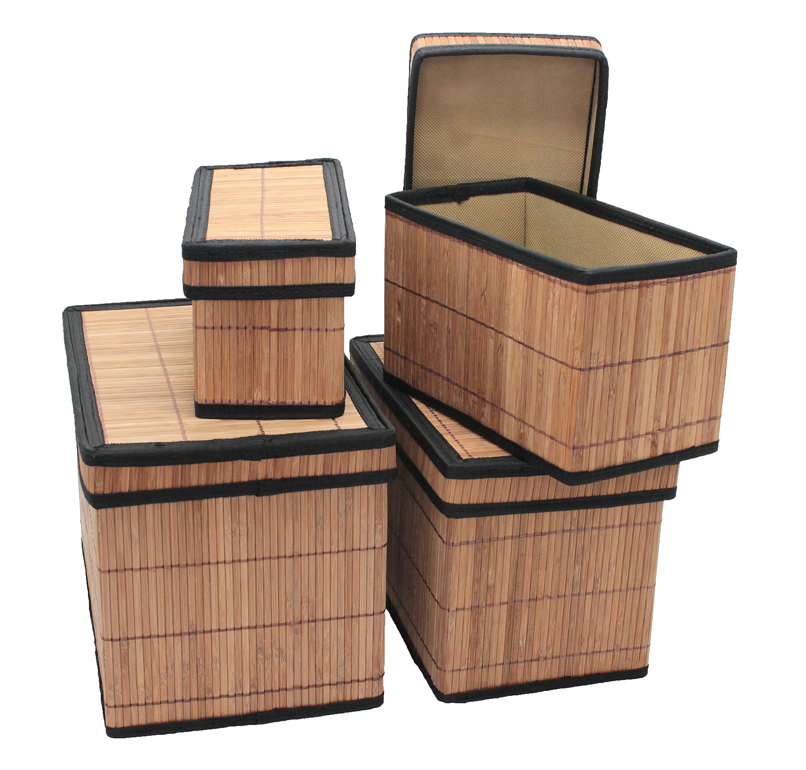 Seta DirectBrown and Black Bamboo Decorative Rectangular Storage Box with Lid [Nesting Set of 4]
