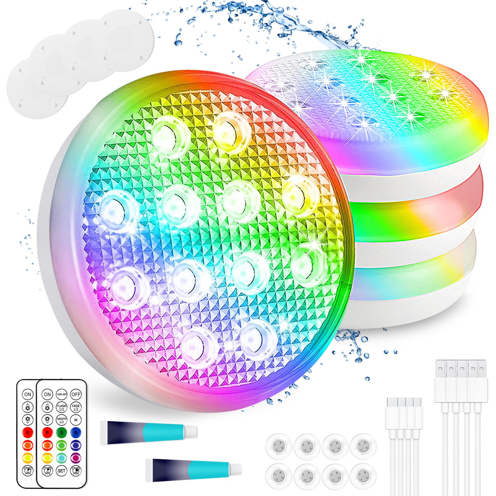 TEPENAR Wiederaufladbare Weihnachten LED Licht mit Fernbedienung IP68 Wasserdicht LED Weihnachtsbeleuchtung mit USB Wiederaufladbar Magnet Schwimmende für Weihnachten Deko Party drinnen (4 PCS)