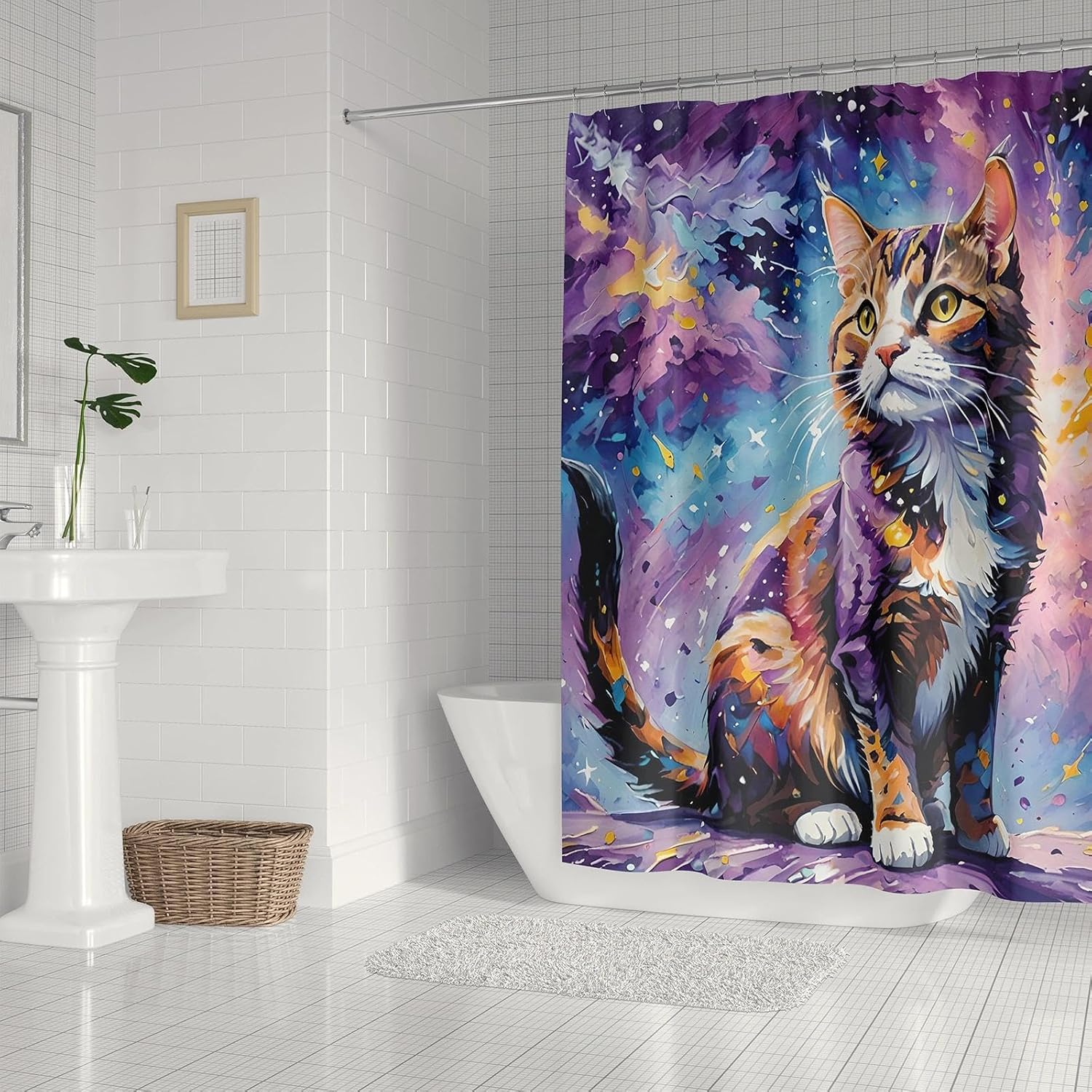 Cat Art Painting Waterproof Shower Curtain Set - 72x72 Inch Animal Bathroom Decor for Kids with 12 Metal Hooks, Machine Washable Polyester Bath Curtain