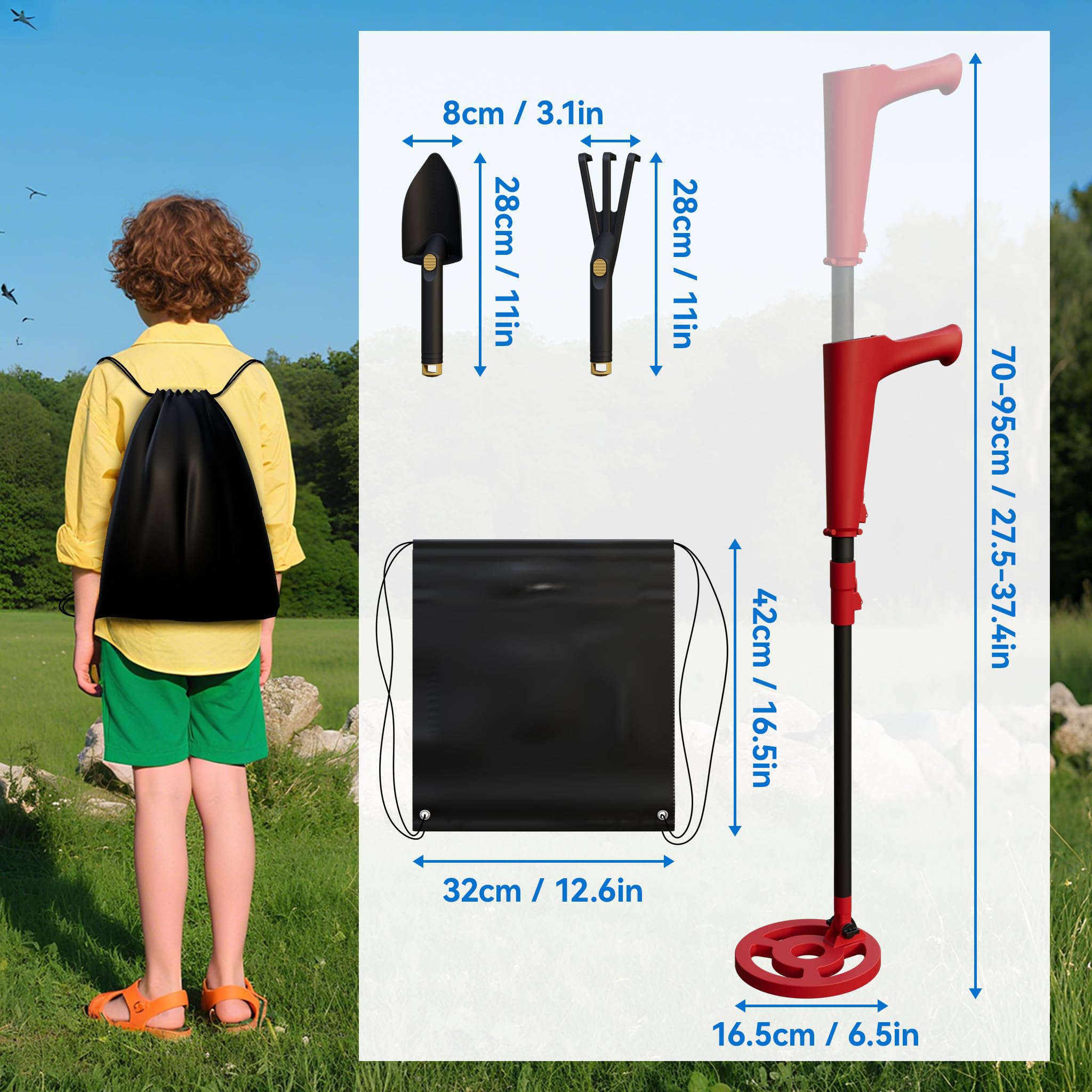 XMTECH Kinder Metalldetektor Rot, Verstellbarer Schatzsucher mit wasserdichter 16,5 cm Suchspule, LCD-Display, Signalton, inklusive Schaufel & Tragetasche, Metallsuchgerät für Kinder & Erwachsene