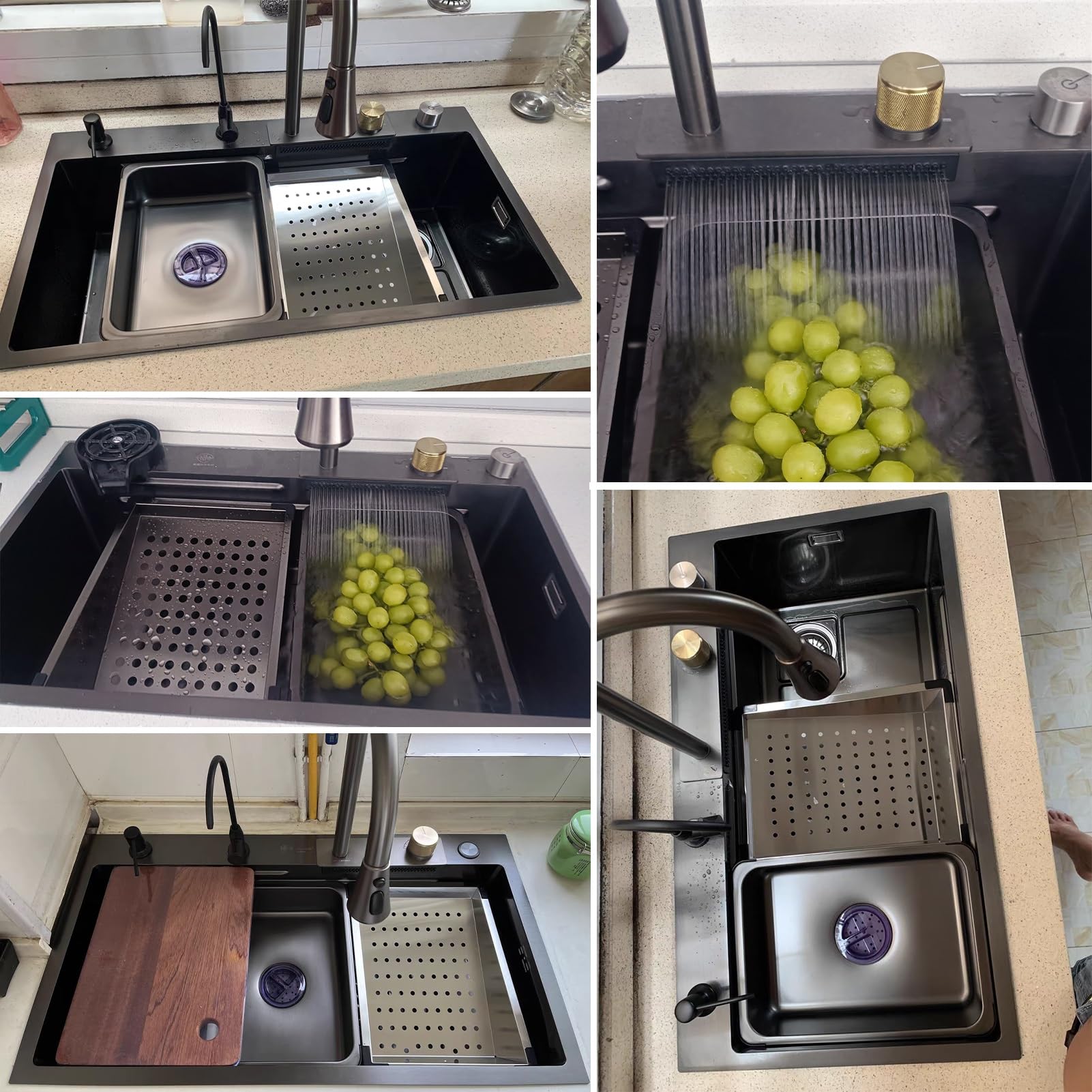 Fregadero De Cocina con Cascada, Fregadero De Un Seno, con Perilla De Drenaje, Enjuagador De Vidrio, Colador De Drenaje Y Accesorios, con Grifo Extraíble (S : 80x45x22cm)