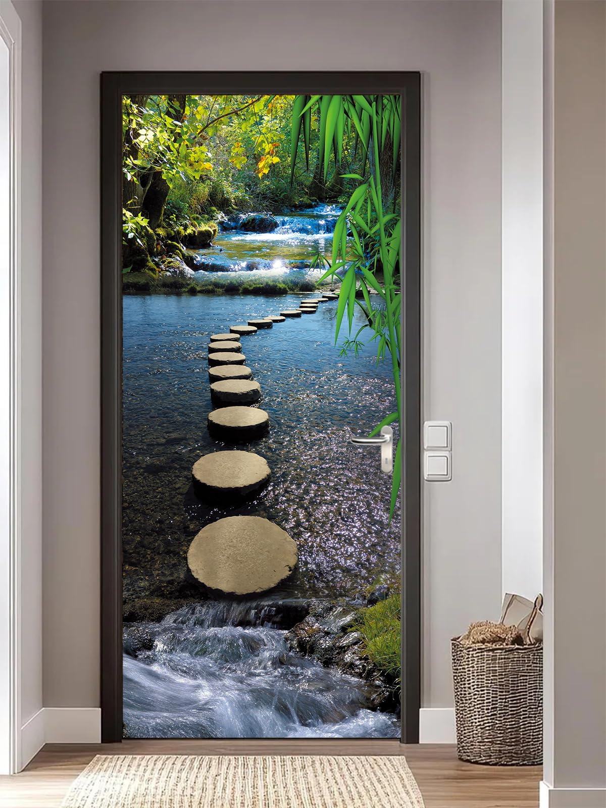 FLFK 3D Door Stickers Peel and Stick 77x200cm,Self-Adhesive Door Murals Wallpaper Poster Removable Mountain Stream Stone Pier Bridge Decals for Home Decor(2Pcs/Set)