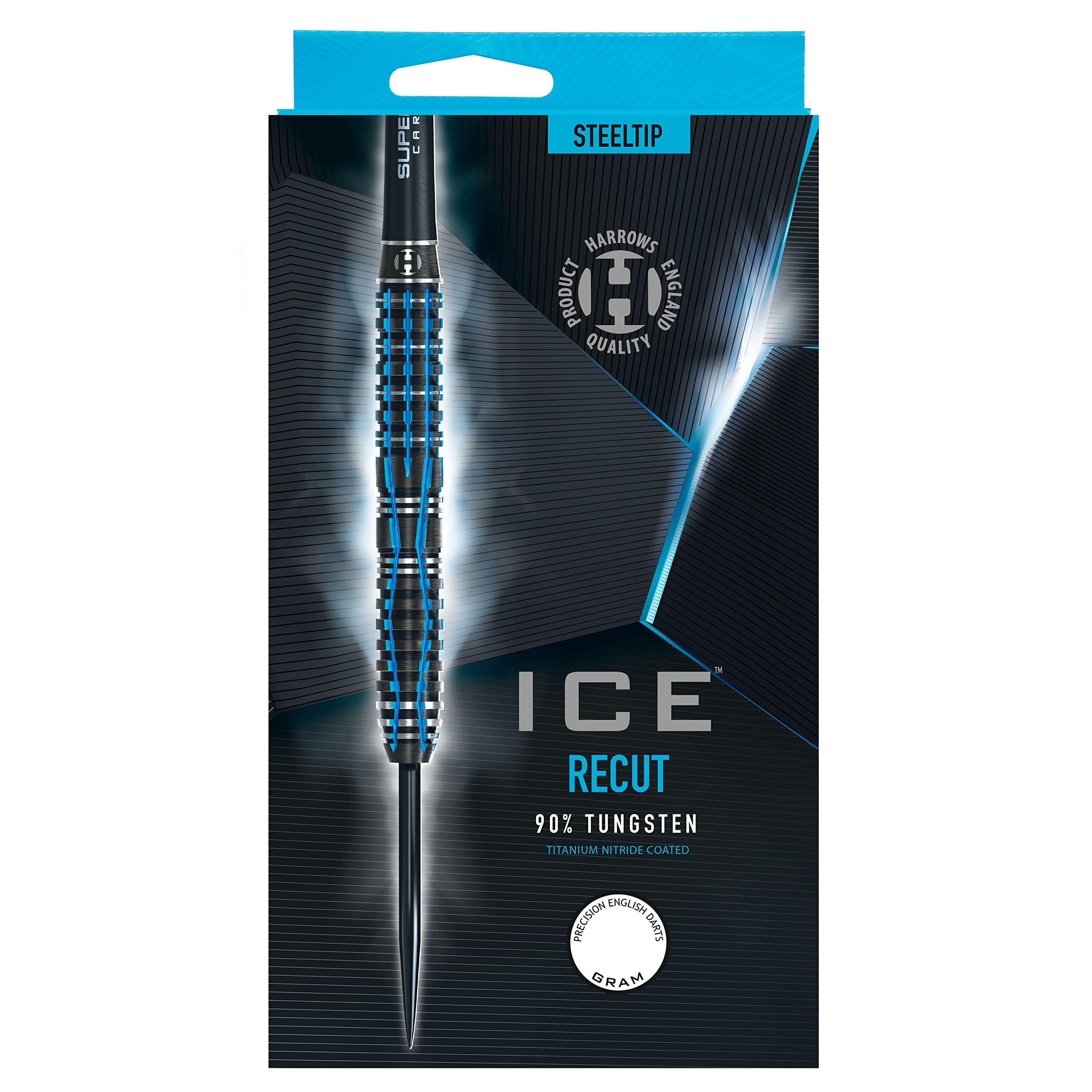 HarrowsIce Recut 90% Tungsten Steel Tip Darts Set 21g, 22g, 23g & 24g - Includes Silver Supergrip Carbon Midi Shafts & New 100 Micron ICE Flights 22G