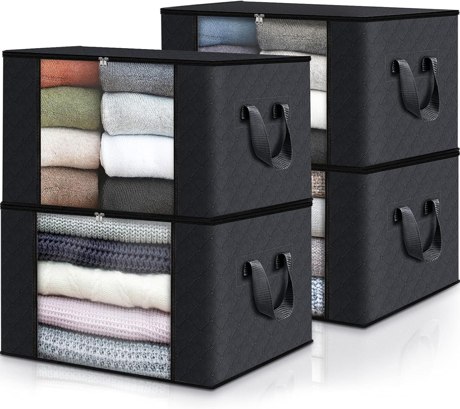 Fab totes 4Pack Clothes Storage, Foldable Blanket Storage Bags, Storage Containers for Organizing Bedroom, Closet, Clothing, Comforter, Organization and Storage with Lids and Handle, Black