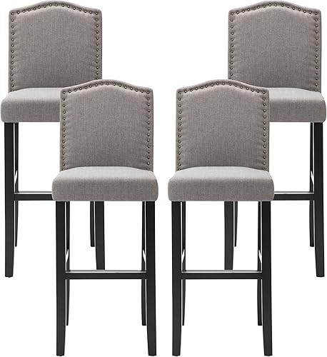 NOBPEINT Taburetes de bar con respaldo de tela tachonada de 29 pulgadas, juego de 4 (gris)
