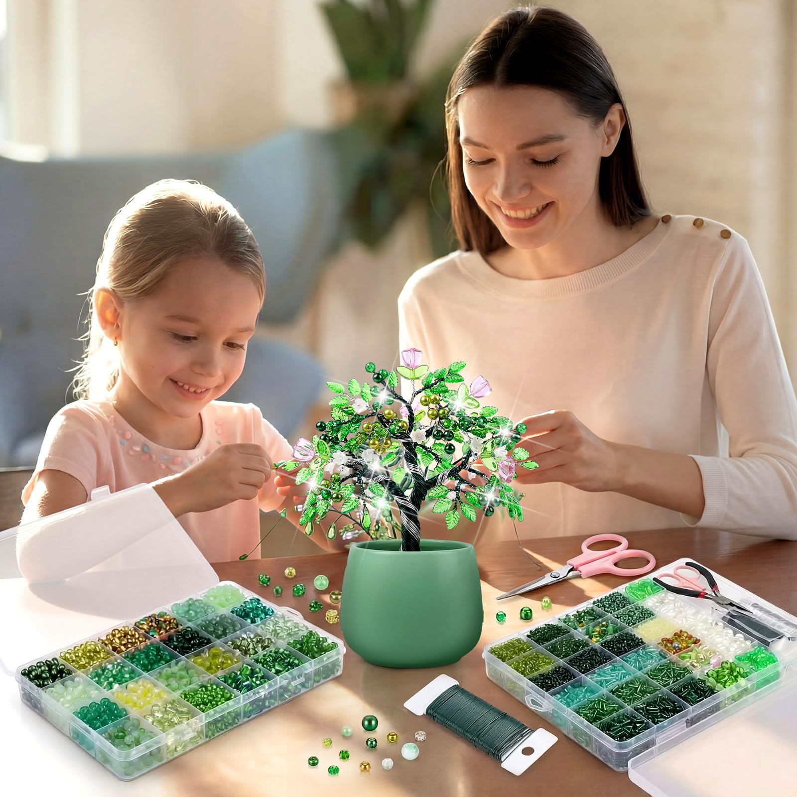XunYee 8569-teiliges Perlen-Pflanzen-Set, grüne Glasperlen für die Pflanzenherstellung, grüne Perlen, Perlen, Natur-Kristallglas-Blattperlen für Schmuckherstellung, Bastelset, Pflanzenliebhaber