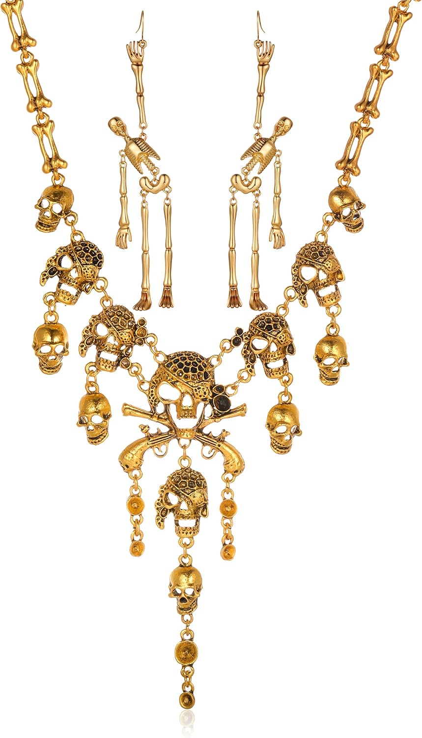 Halloween Pirate Skull Necklace Earrings Jewelry Sets for Women Horror Punk Bib Collar Necklaces