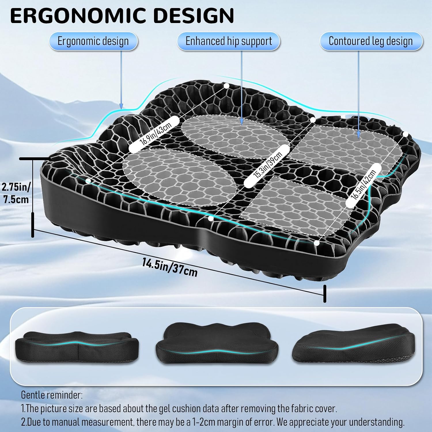  Gel Seat Cushion, Thickened Big Breathable Honeycomb Design Absorbs Pressure Points Gel Cushion with Anti-Slip Cover Seat Cushion for Office Chair Home Car Seat Cushion thumbnail
