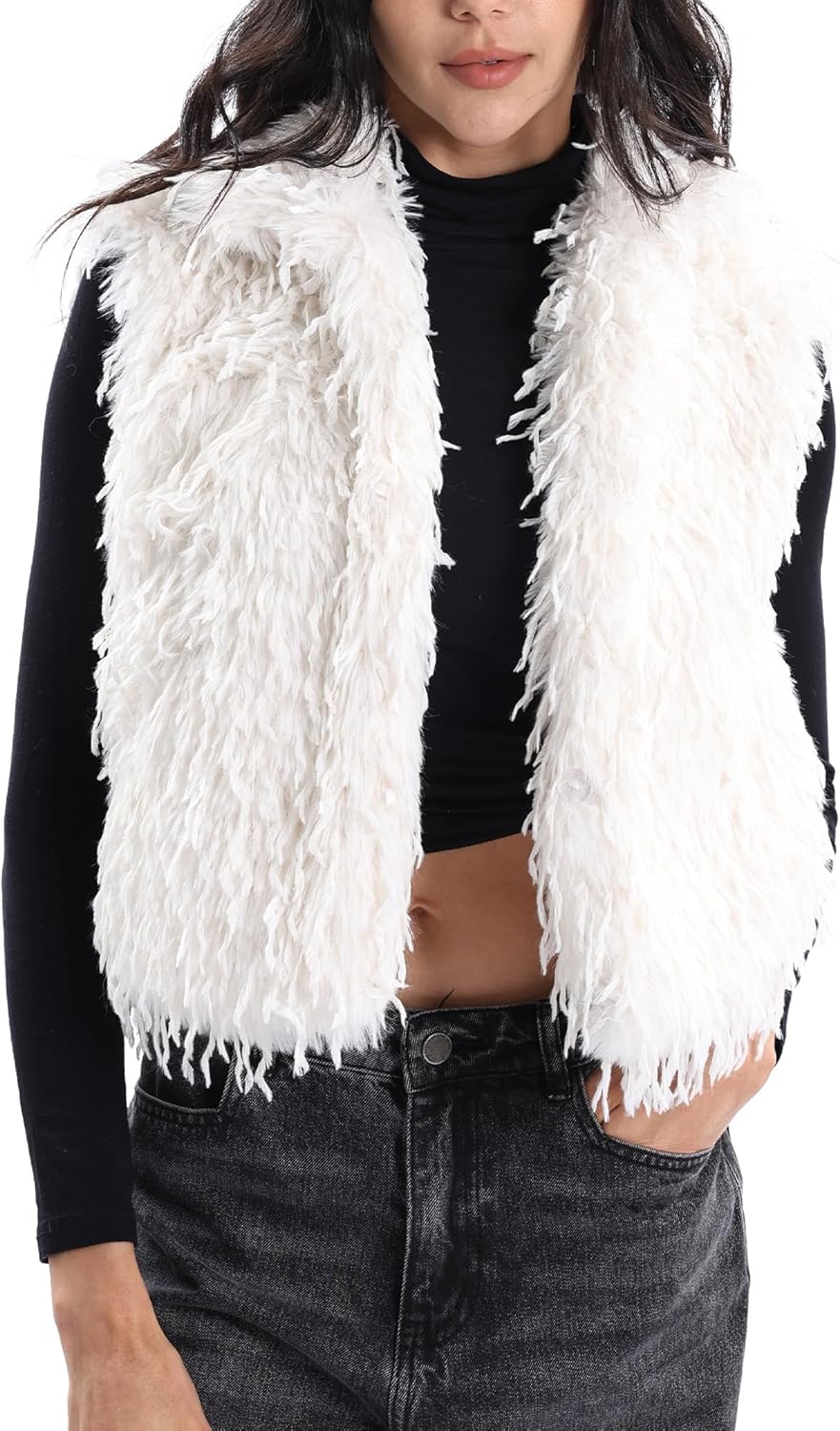 Xintianji Women Faux Fur Outerwear Vest Coats - Sleeveless Buckle Fuzzy Fleece Jacket with Pockets