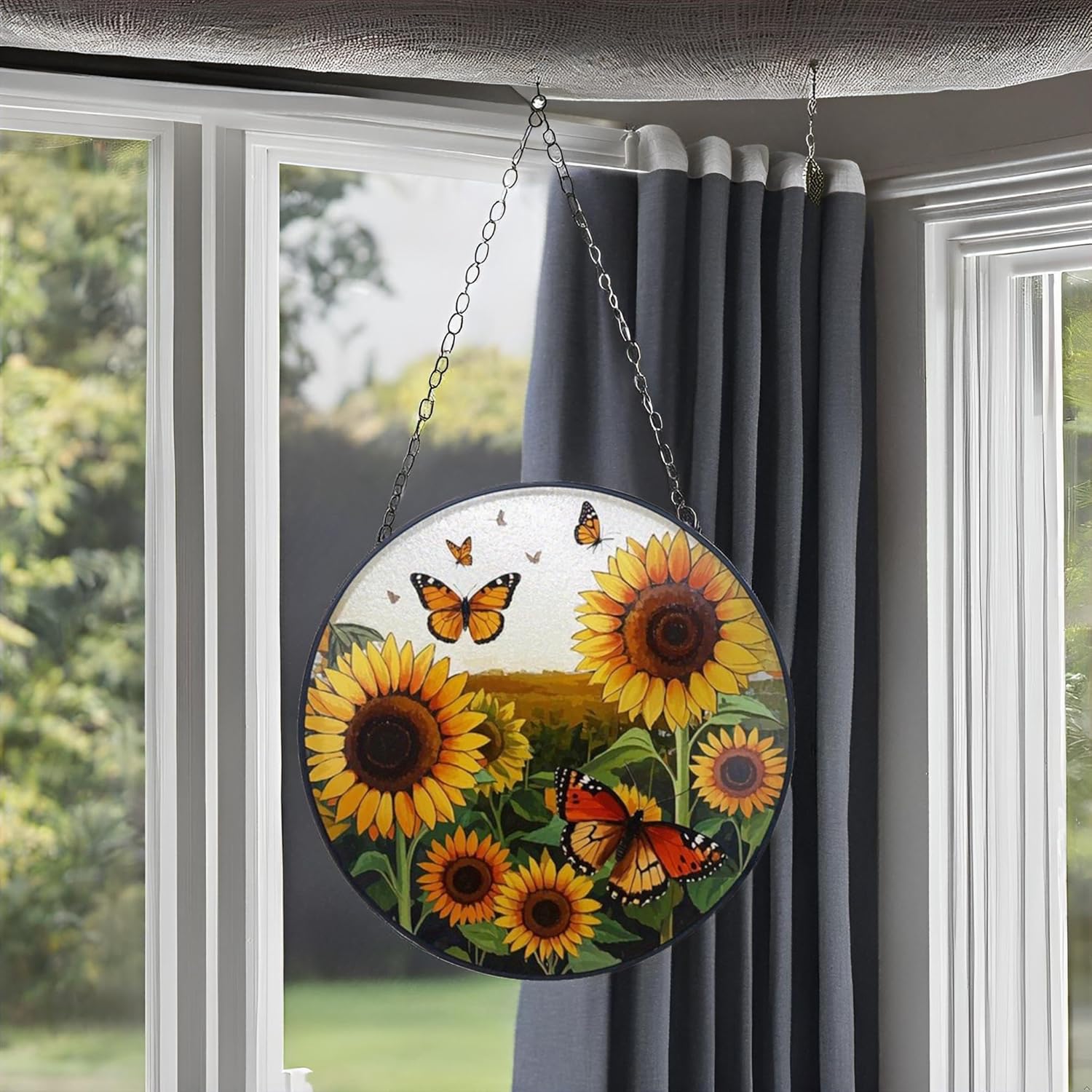 Sunflower Decor Suncatcher,Stained Glass Suncatcher for Window,Originally Designed Butterfly Sun Catchers,7.8" Large Stained Glass Window Hanging,Sunflower Gift for Women - Image 3