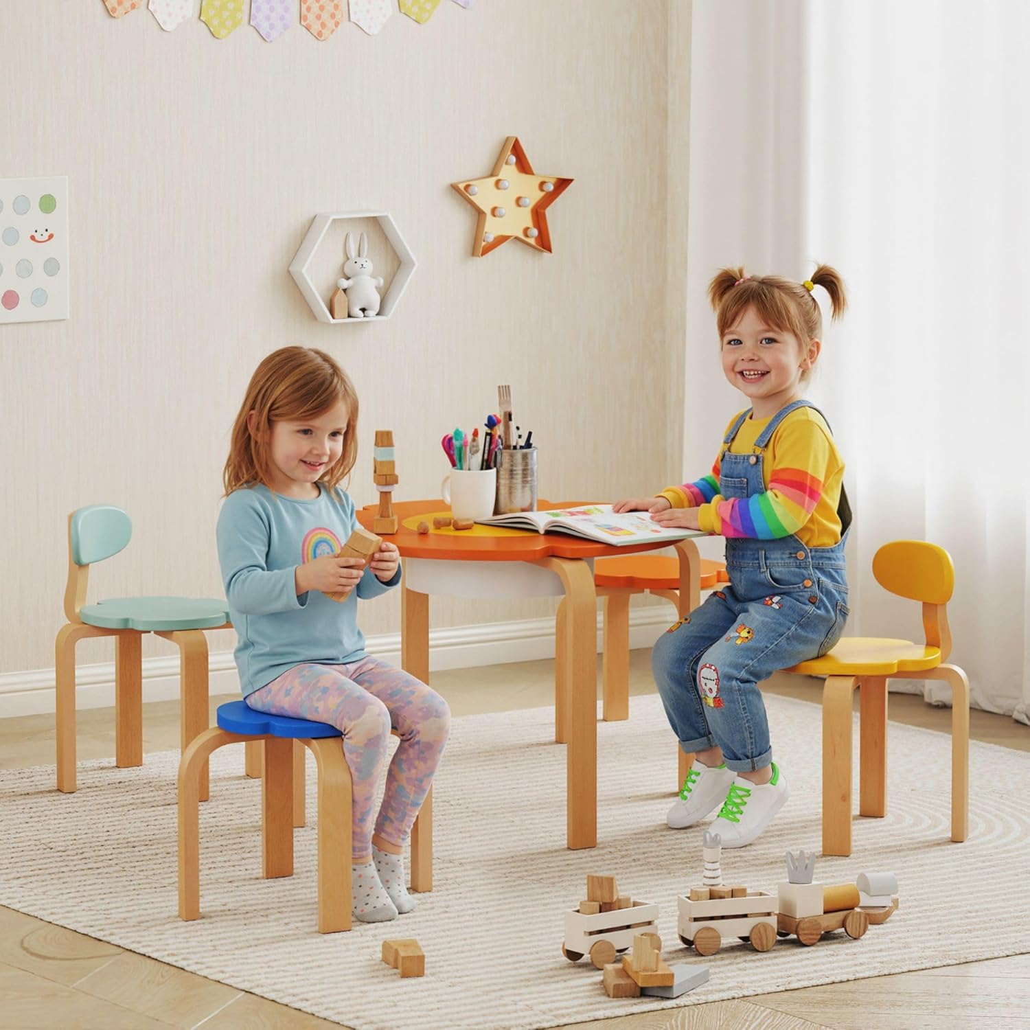 Table Furniture 5-Piece Combo for Kids, Built-in Storage Included, 27.2x27.2x17.7in, Hardwood, 176lb Capacity, Color Variety Orange Yellow Blue Light Blue, for 3 to 8 Year Olds