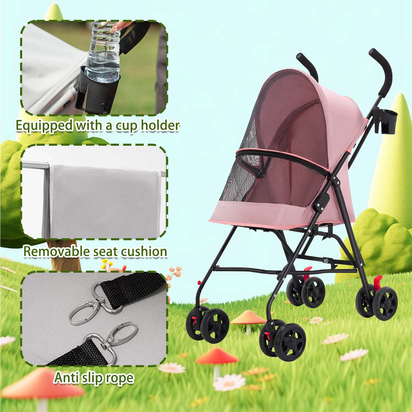 Passeggino per cani e gatti 2 in 1 pieghevole carrello per gatti cuccioli, guinzaglio di sicurezza, fino a 10 kg, leggero, pratico, rimovibile, con portabicchieri, 97 x 45 x 55 cm, rosa