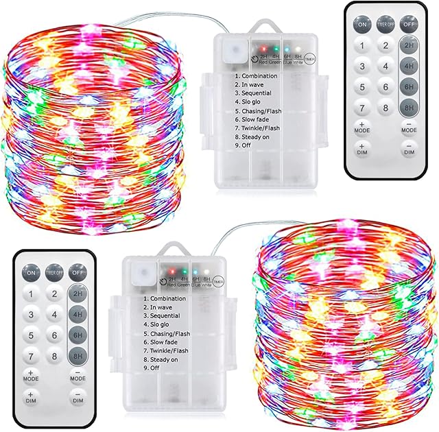 Christmas Fairy Lights 2 Pack Battery Operated String Lights 10M 100 LED Fairy Lights 8 Modes Waterproof Indoor/Outdoor Firefly Lights Christmas, Party, Holiday, Wedding Bedroom Decor (Multi-Color)