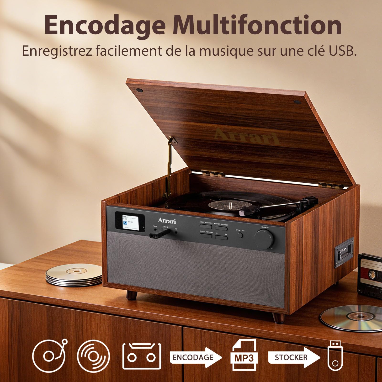 Chaîne Bois MC-278 Dab+/FM, Vinyle AT-3600L, CD/MP3, USB, Cassette 36W