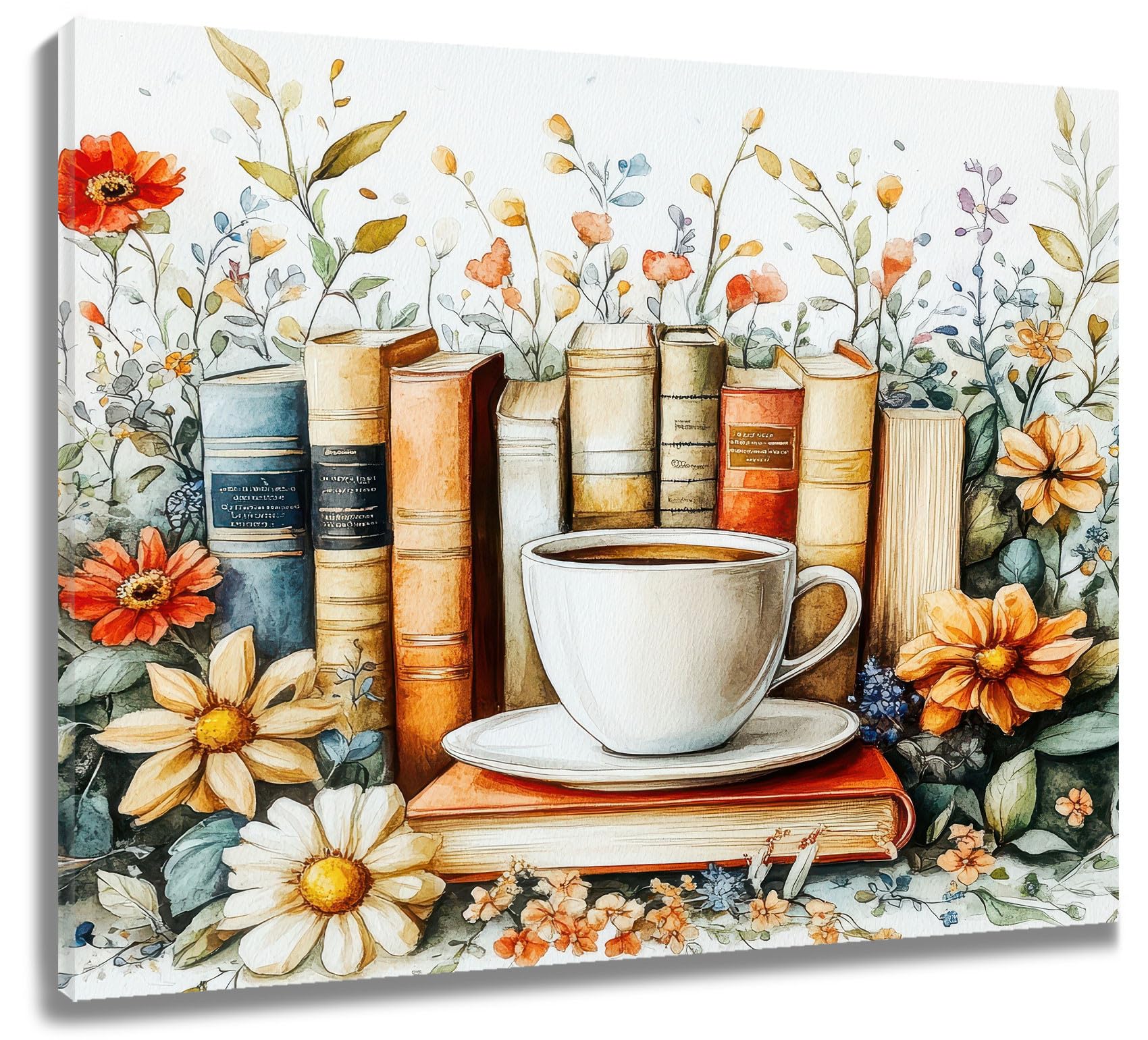 LB Aesthetic Flowers Wall Art- Modern Coffee Vintage Books Canvas Wall Art Green Botanical Picture for Kitchen Bathroom Bedroom Living Room Decor,12Wx12H inch Wooden Framed — image 1
