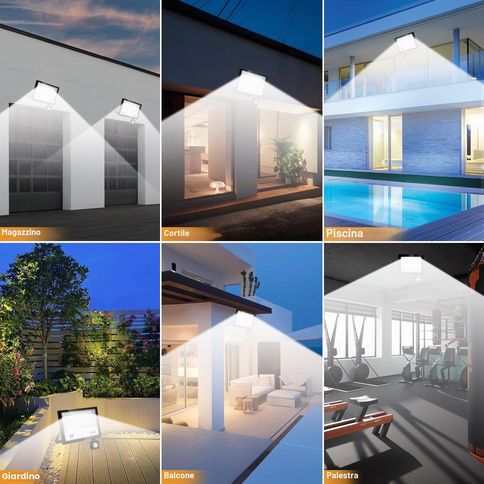 Faretto LED da 100 W, con sensore di movimento, per esterni, 10000 lm, 7000 K, super luminoso, IP67, impermeabile, con telecomando, luce bianca fredda per giardino, garage, campo sportivo, cortile