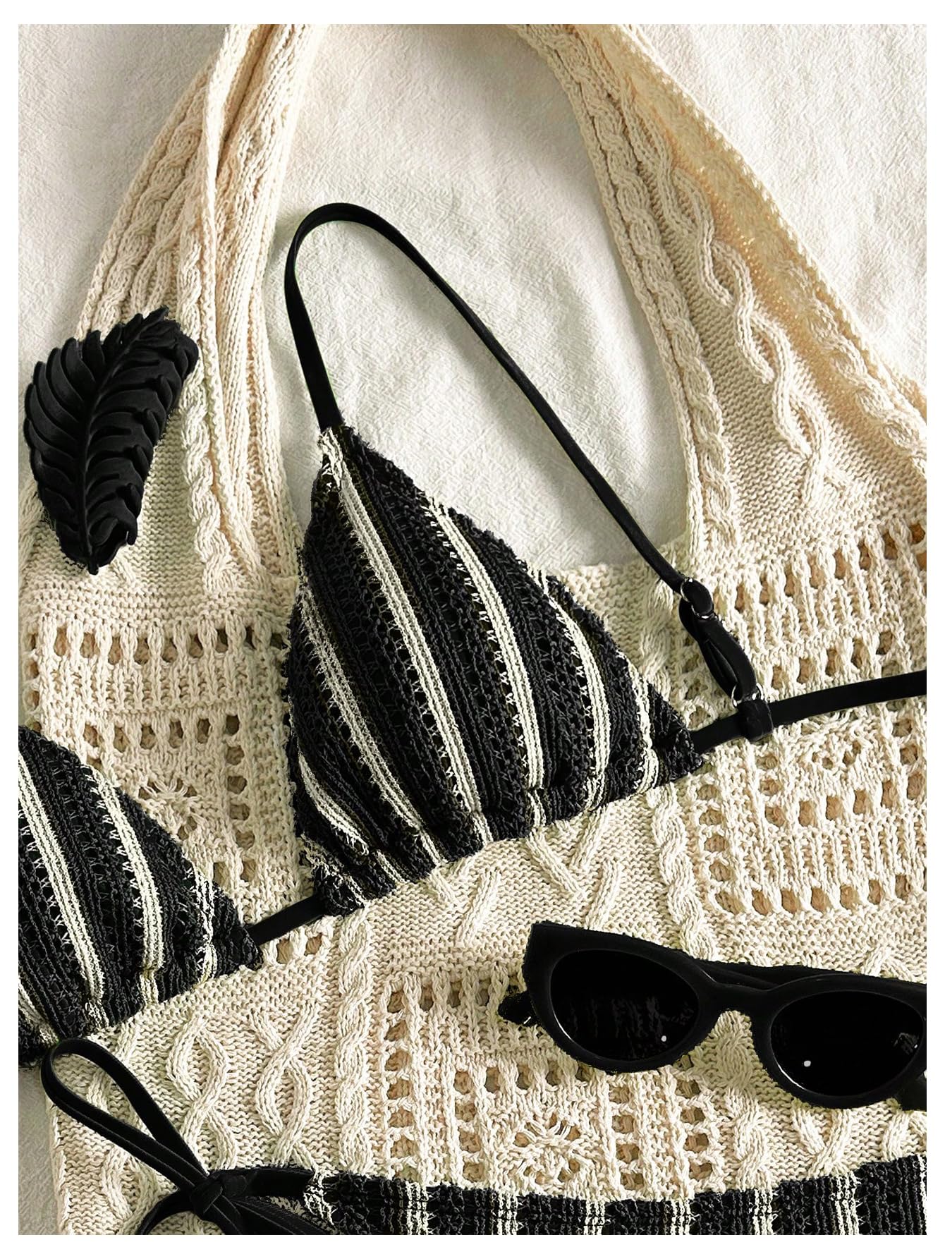 Traje De Baño 2 Piezas Crochet A Rayas for Mujer Conjunto Bikini Tanga Triangular Corte Alto Azul Grande