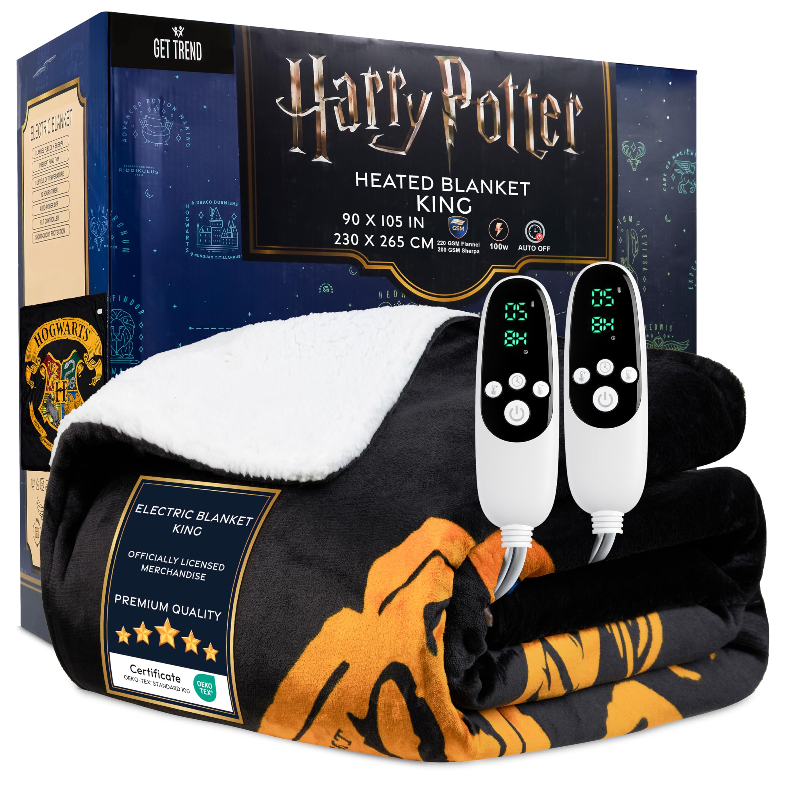 Harry Potter Electric Blanket 230x265cm, King Size Soft & Luxurious Sherpa Fleece Heated Blanket, 9 Heat Settings & 12-Hour Auto-Off Timer (Black Harry Potter, King UK)