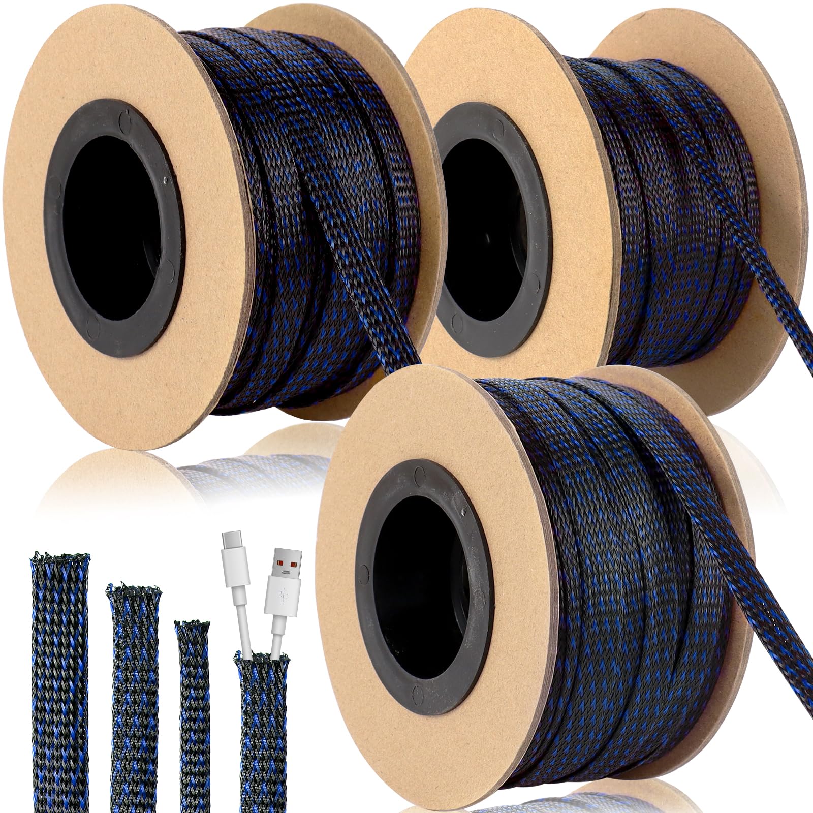 3 Rolls Braided Cable Sleeving, 1/4 3/8 1/2 Inch Wire Loom Sleeve