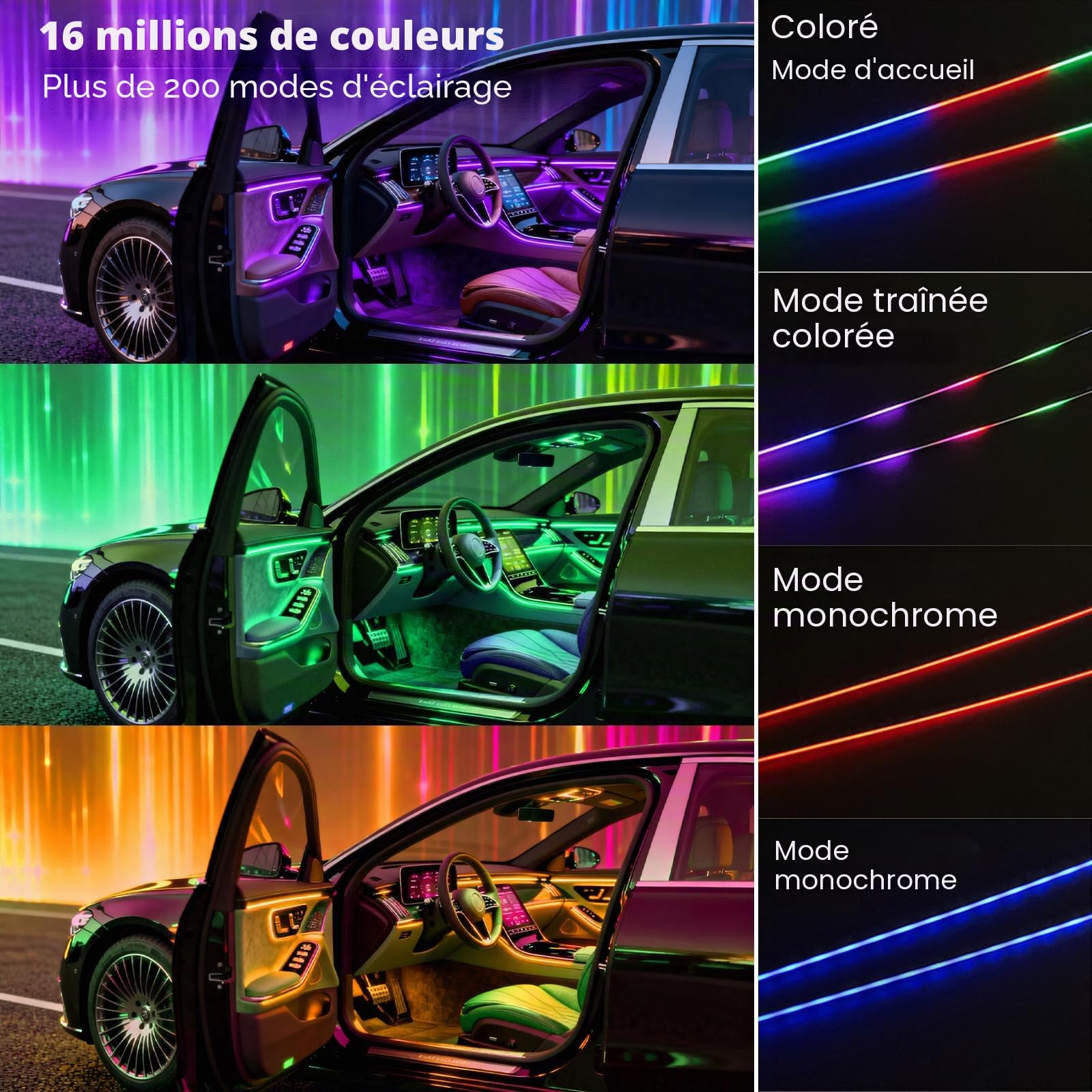 6 in 1 Acrylique Voiture LED Intérieure Éclairage, 168 LEDs RGB Ambiance Lumière, App + Télécommande Contrôle Contrôlable, Multicolore Ambiance Lumière