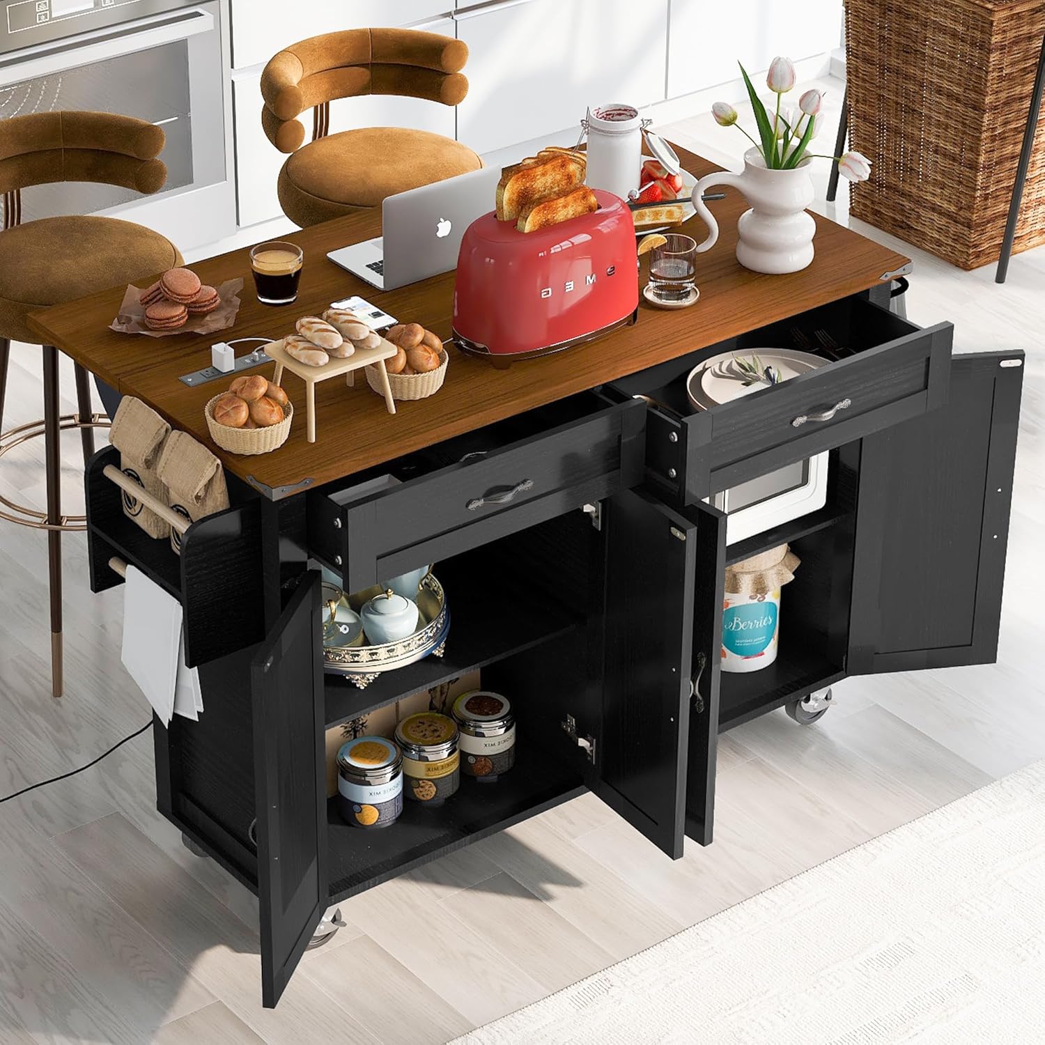Knocbel Kitchen Island with Power Outlet, Farmhouse Storage Table with Drop Leaf, Spice Rack and Drawer, Rolling Kitchen Cart on Wheels, 28.75" D x 53.5" W x 36.5" H Black