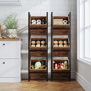 LITTLE TREE 3-Tier Basket Stand, Wooden Floor Stand Shelving Unit, Standing Organizer Storage Rack for Kitchen, Bathroom, Living Room (Rustic)