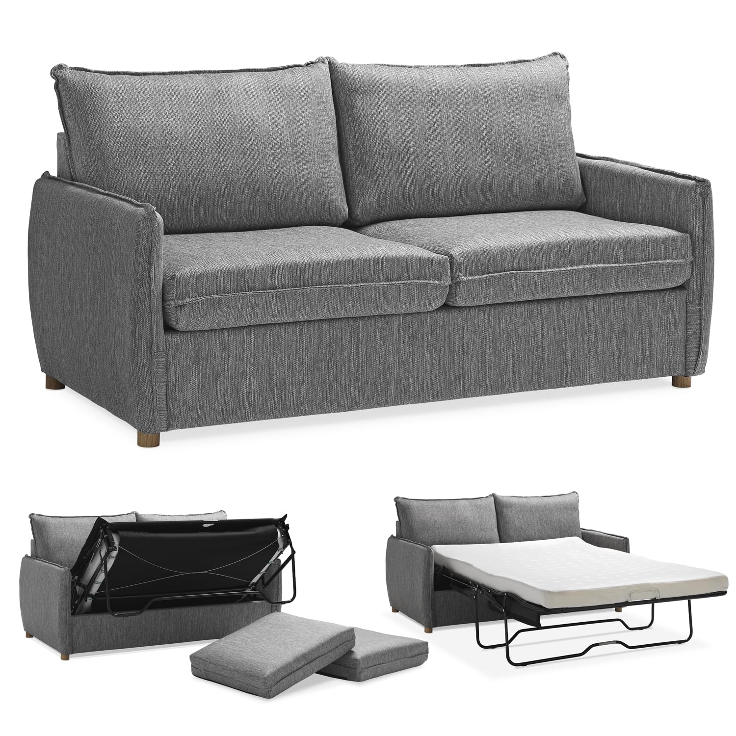 EVERGREENWEB - Divano Letto 2 Posti L170xP90xA75 Sofà con Materasso Matrimoniale Memory alto 10 cm, Moderno Tessuto Grigio, Schienale a Doppio Cuscino Estraibile, Struttura Rinforzata Pieghevole GRACE